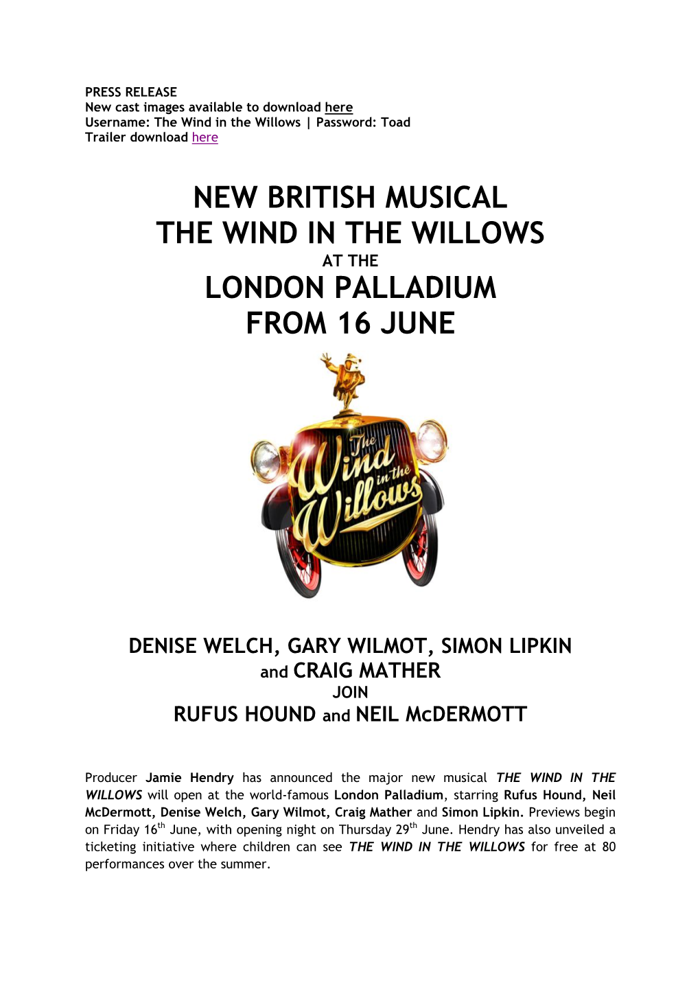 New British Musical the Wind in the Willows London