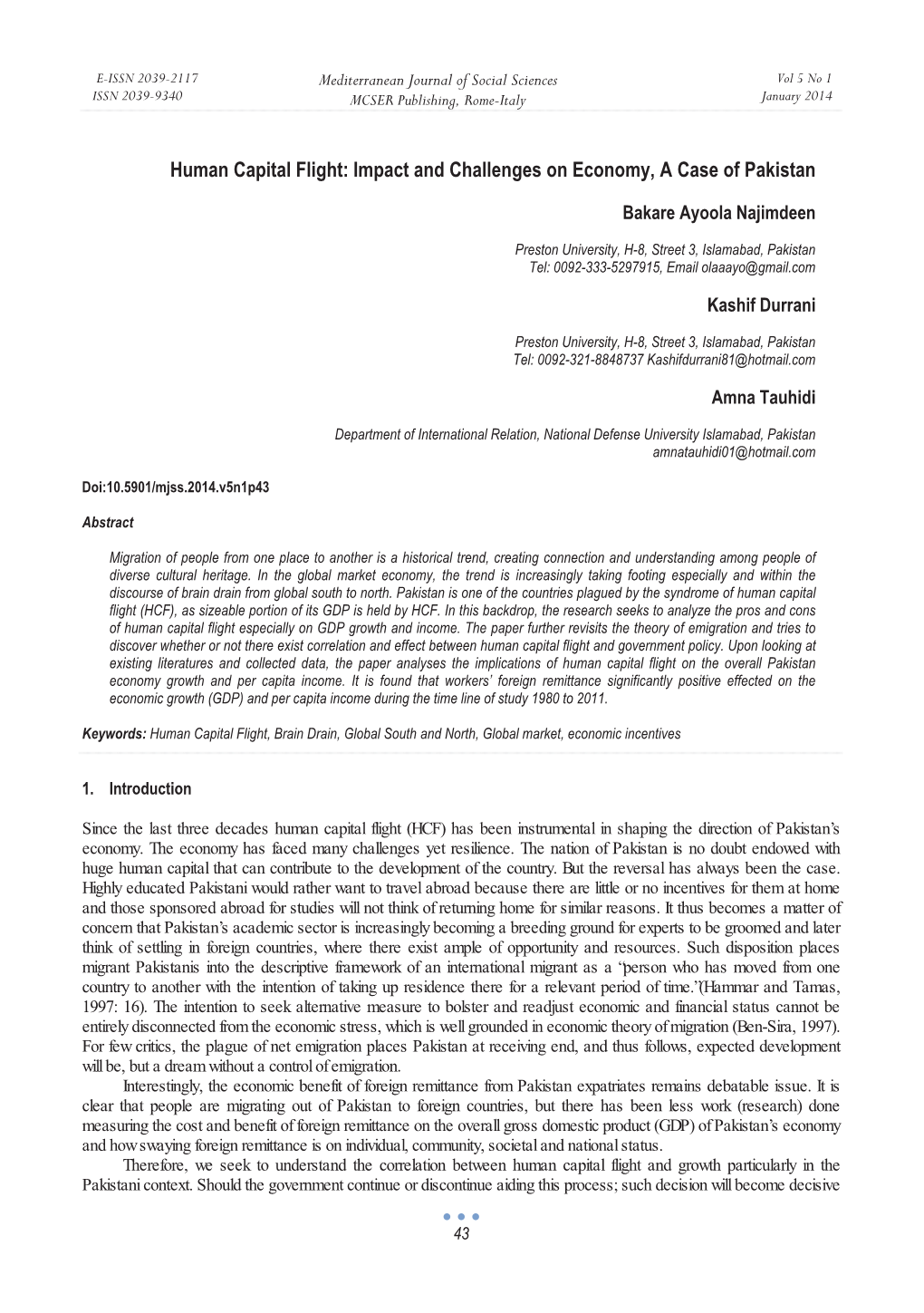 Human Capital Flight: Impact and Challenges on Economy, a Case of Pakistan