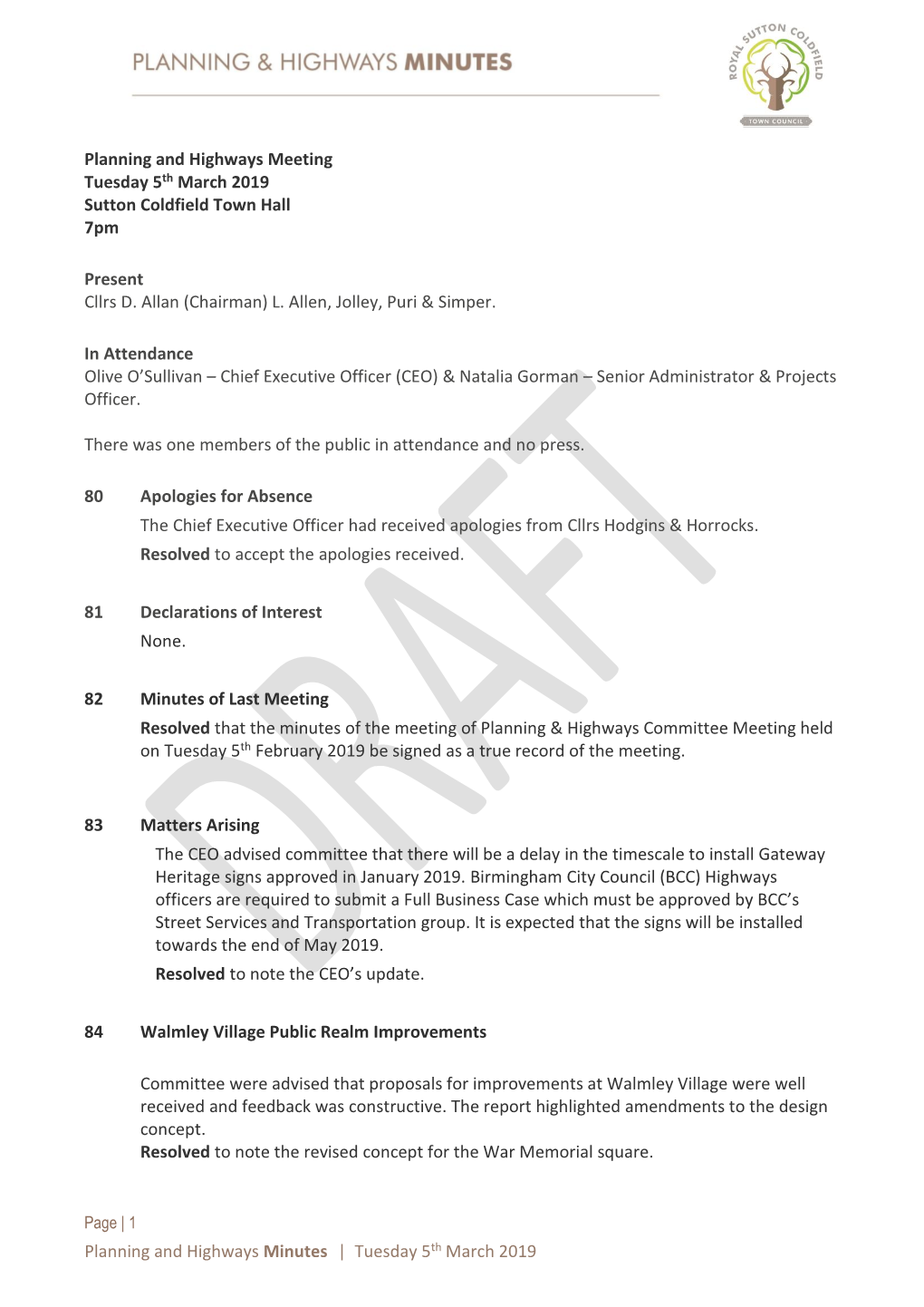 Planning and Highways Minutes | Tuesday 5Th March 2019 Planning