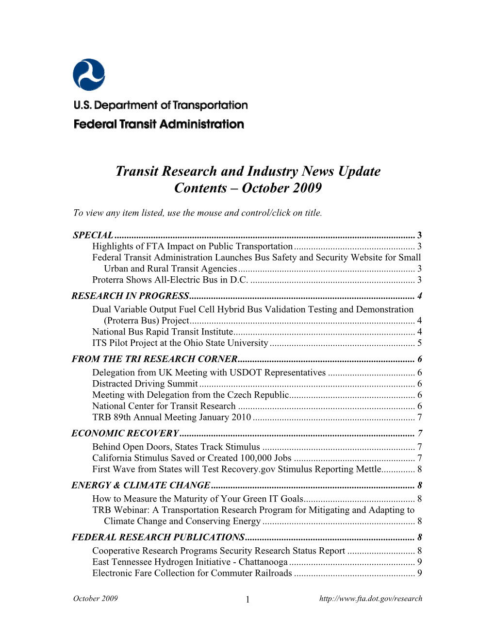 Transit Research and Industry News Update Contents – October 2009