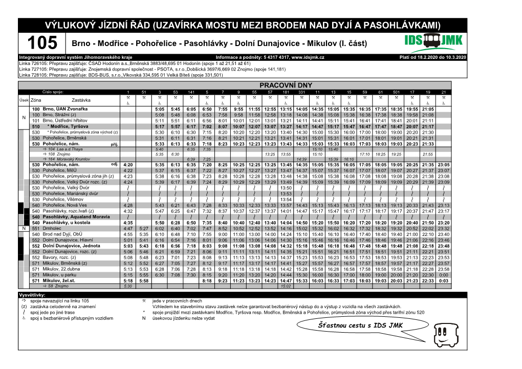 105 Mikulov - Dolní Dunajovice - Pasohlávky - Pohořelice - Modřice - Brno (I