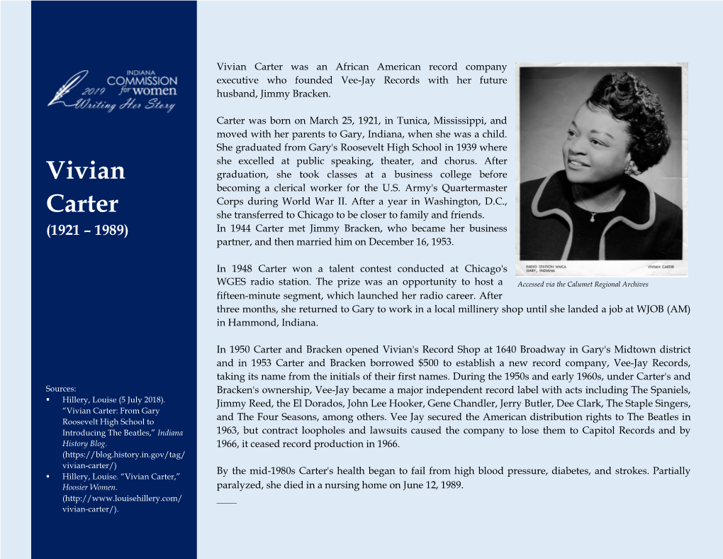 Vivian Carter Was an African American Record Company Executive Who Founded Vee-Jay Records with Her Future Husband, Jimmy Bracken