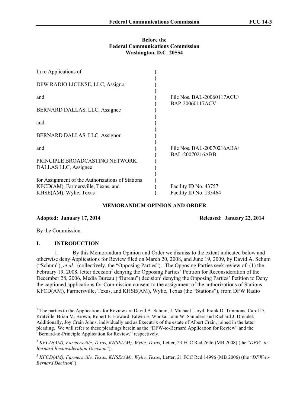 Federal Communications Commission FCC 14-3 Before the Federal