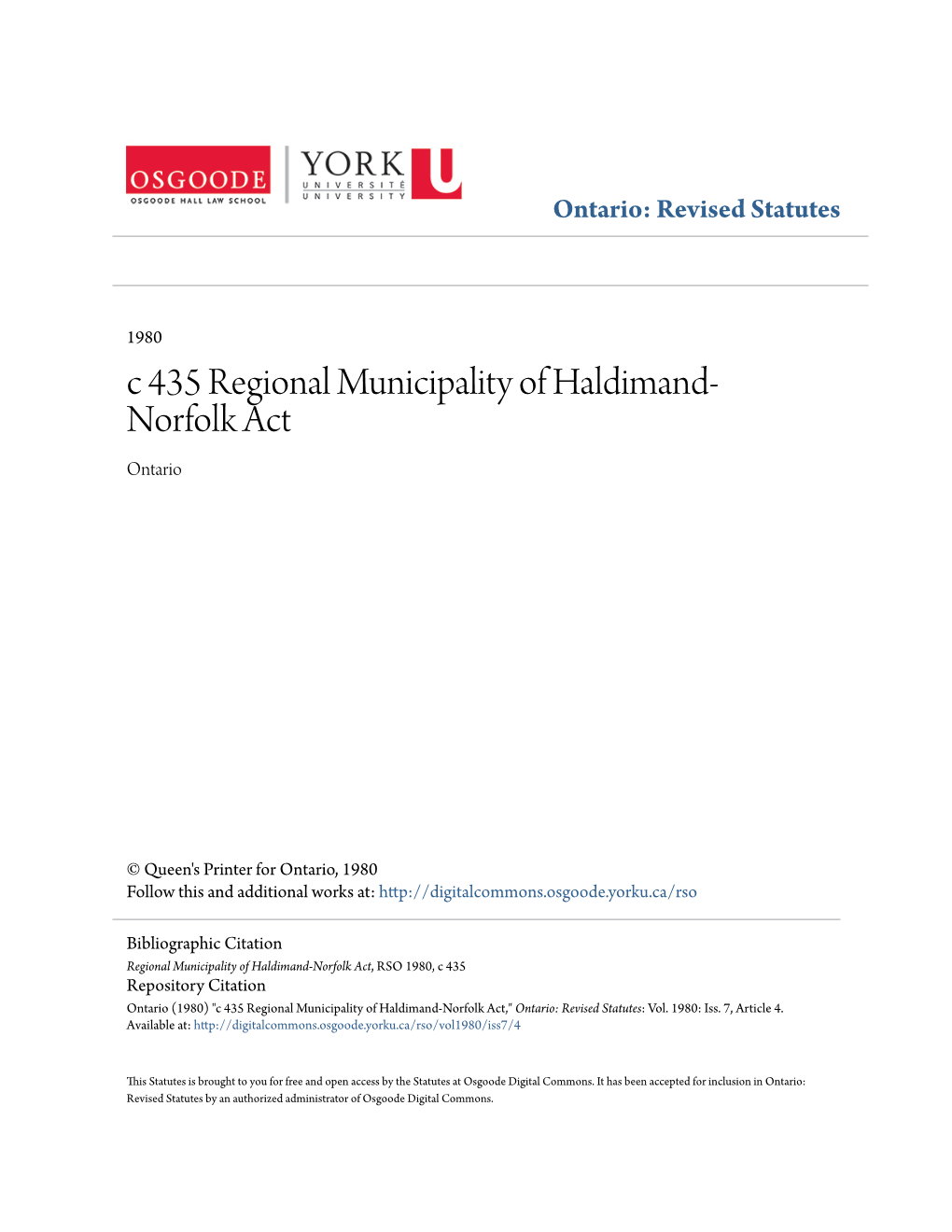 C 435 Regional Municipality of Haldimand-Norfolk Act," Ontario: Revised Statutes: Vol