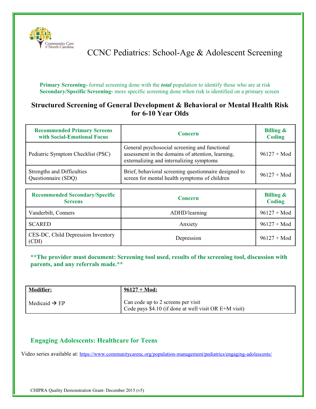 Structured Screening of General Development & Behavioral Or Mental Health Risk