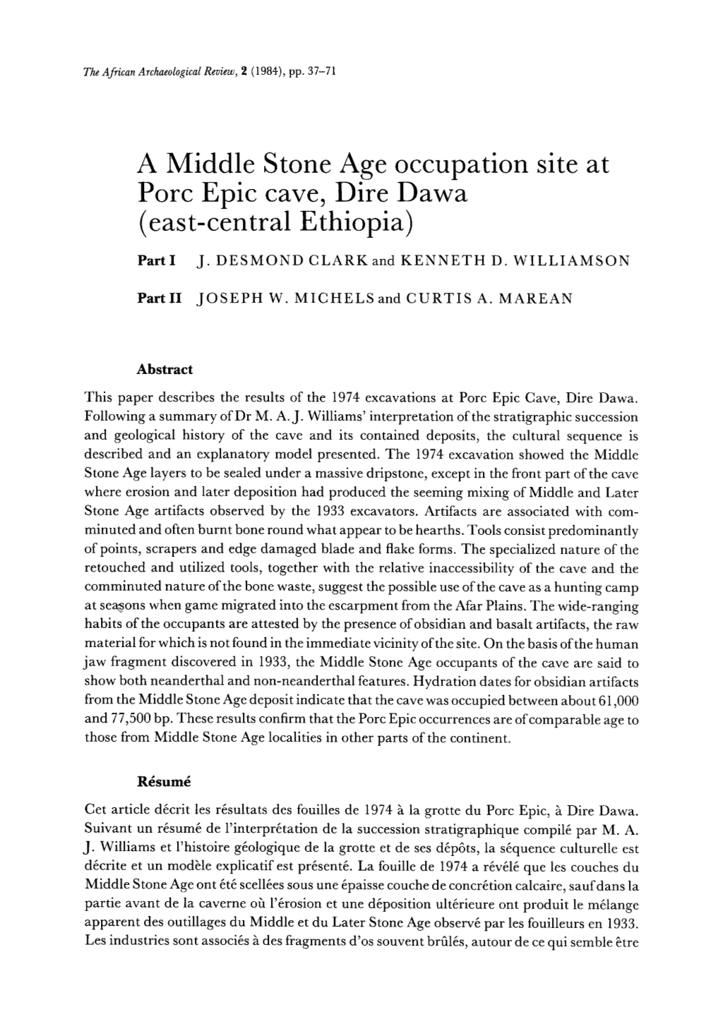 A Middle Stone Age Occupation Site at Porc Epic Cave, Dire Dawa (East-Central Ethiopia)