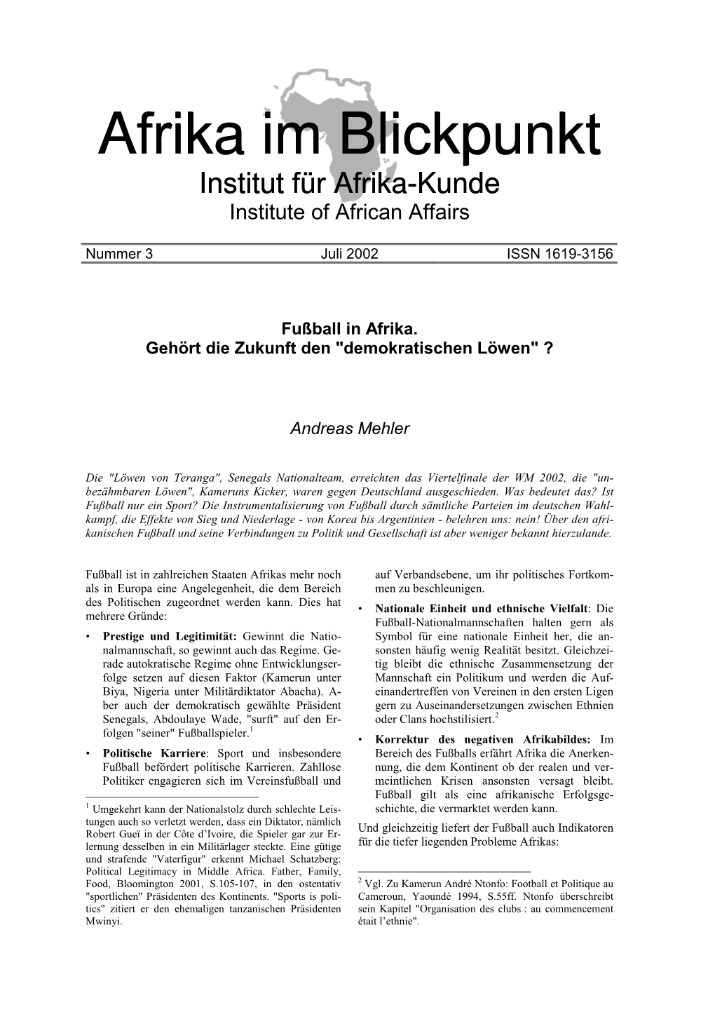 Afrika Im Blickpunkt Institut Für Afrika-Kunde Institute of African Affairs