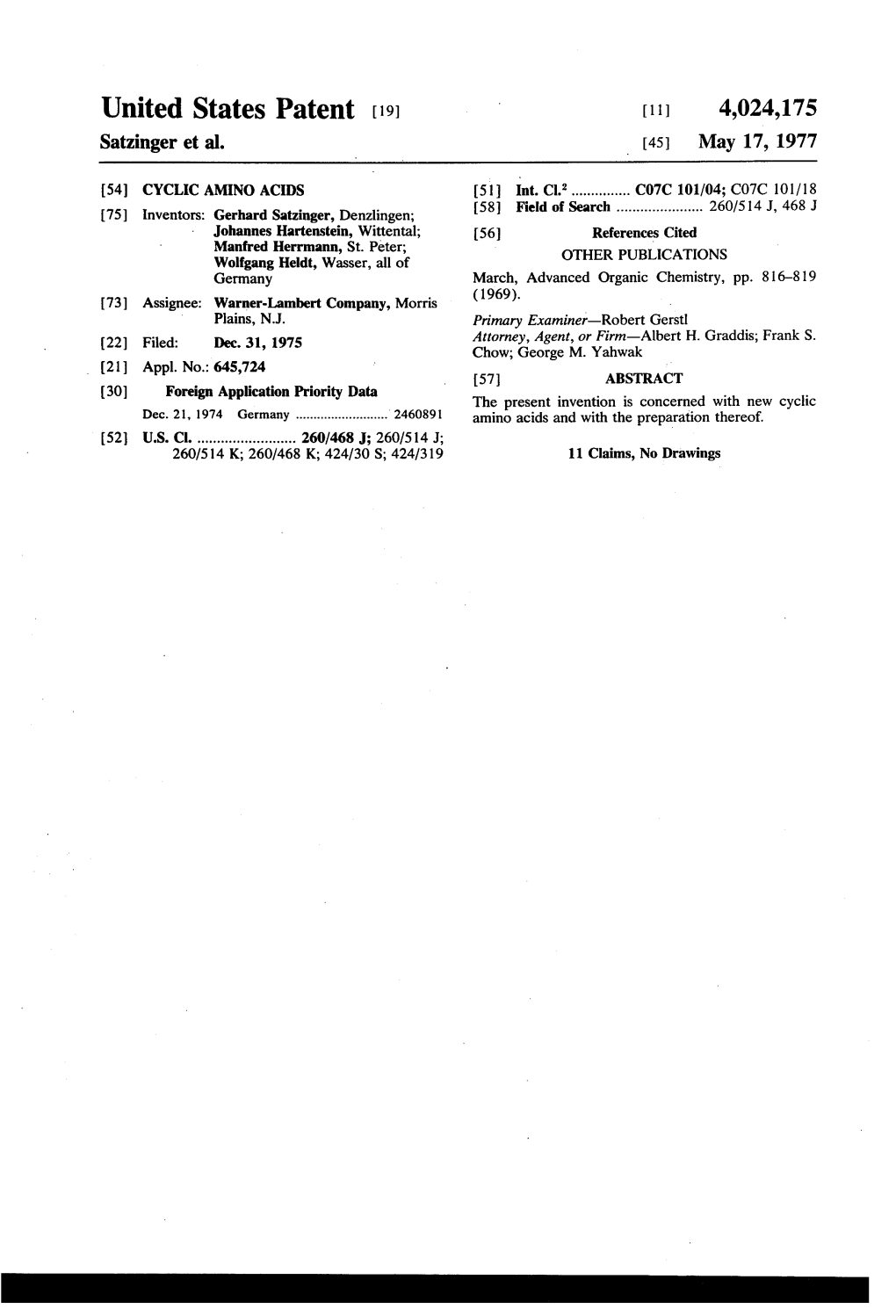 United States Patent (19) 1 4,024,175 Satzinger Et Al