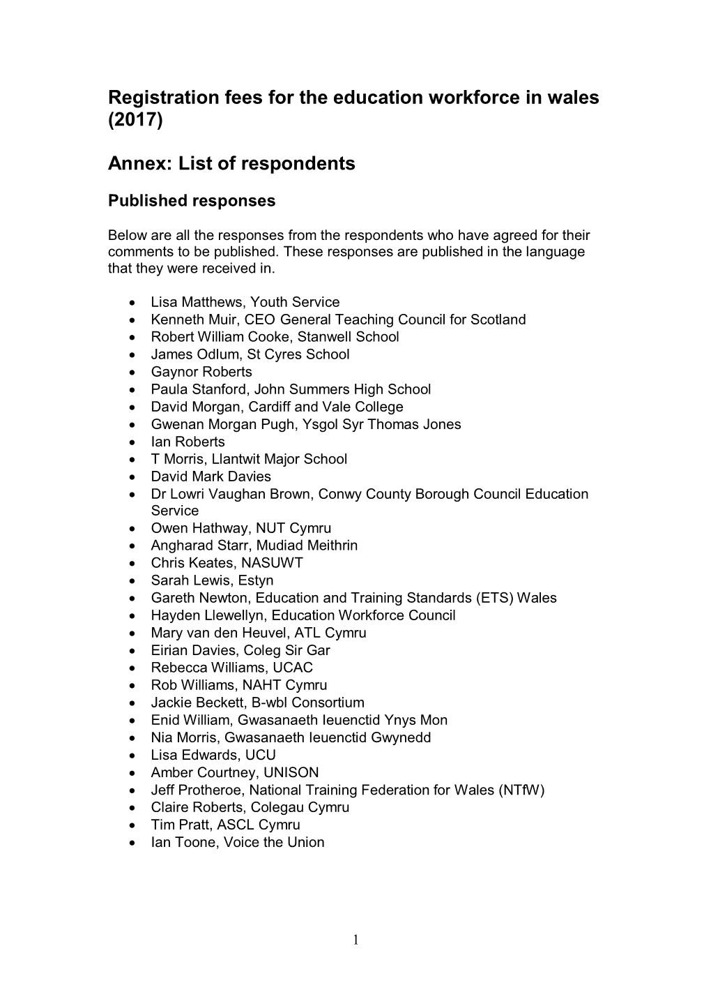 Registration Fees for the Education Workforce in Wales (2017) Annex