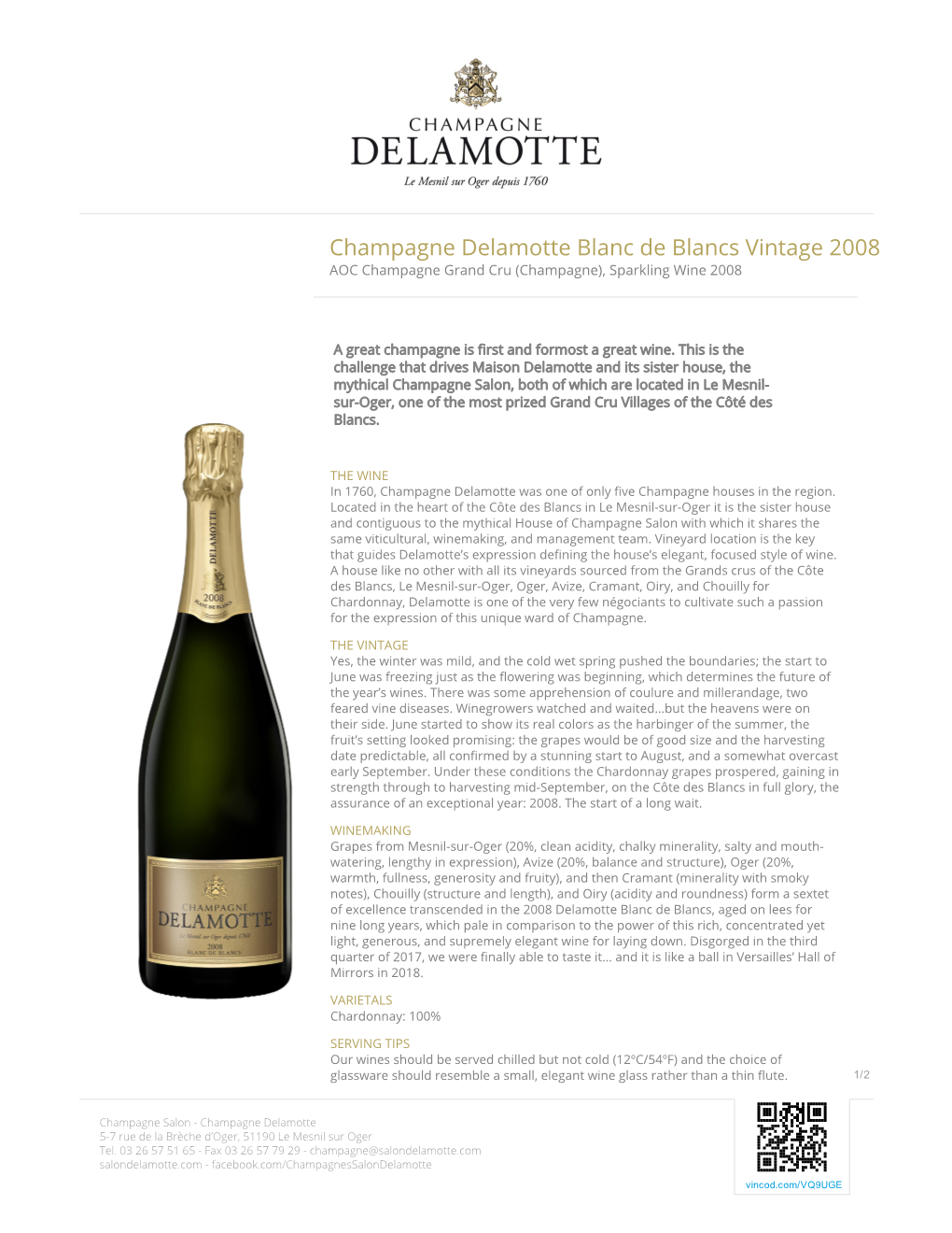 Champagne Delamotte Blanc De Blancs Vintage 2008 AOC Champagne Grand Cru (Champagne), Sparkling Wine 2008