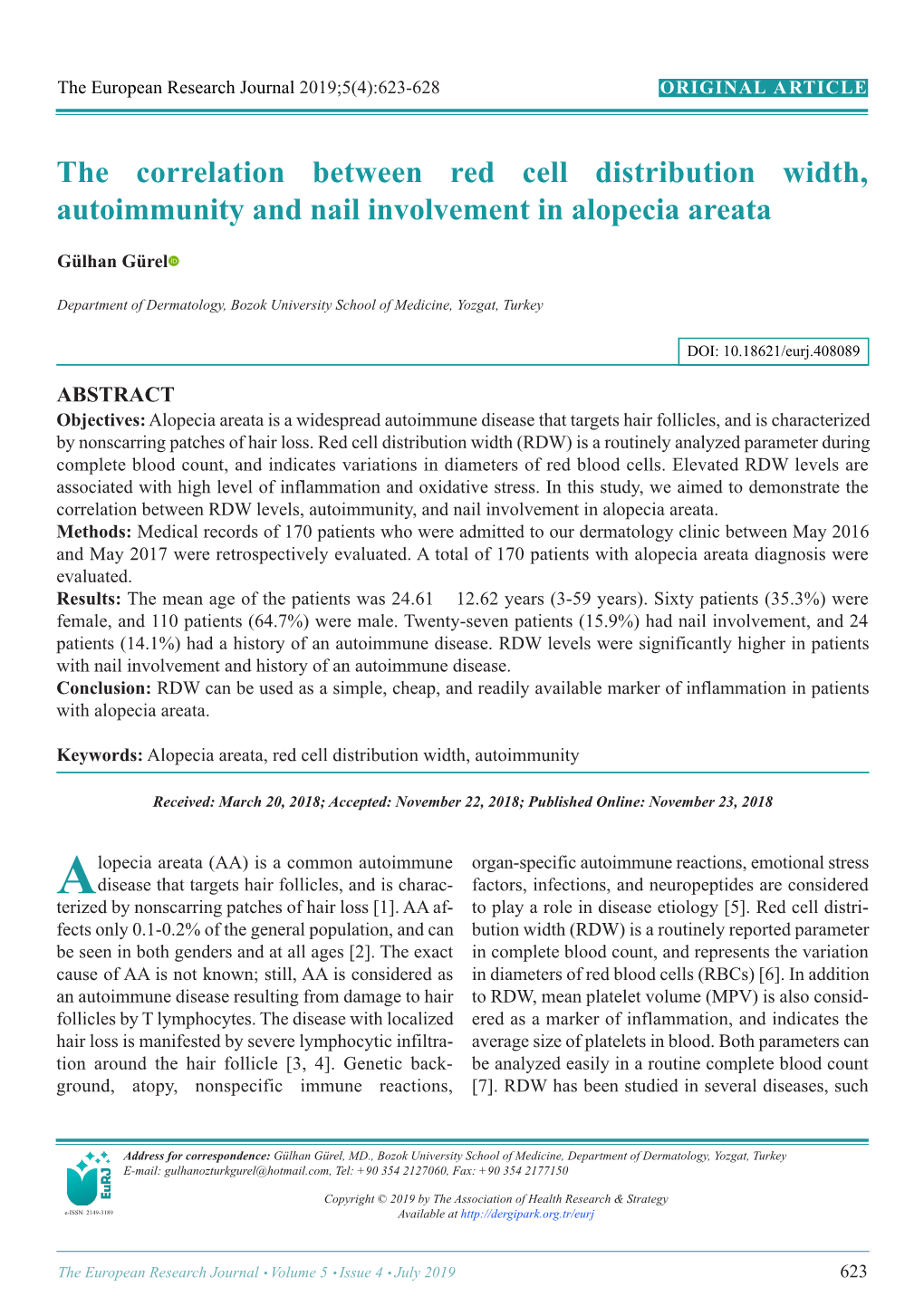 The Correlation Between Red Cell Distribution Width, Autoimmunity and Nail Involvement in Alopecia Areata