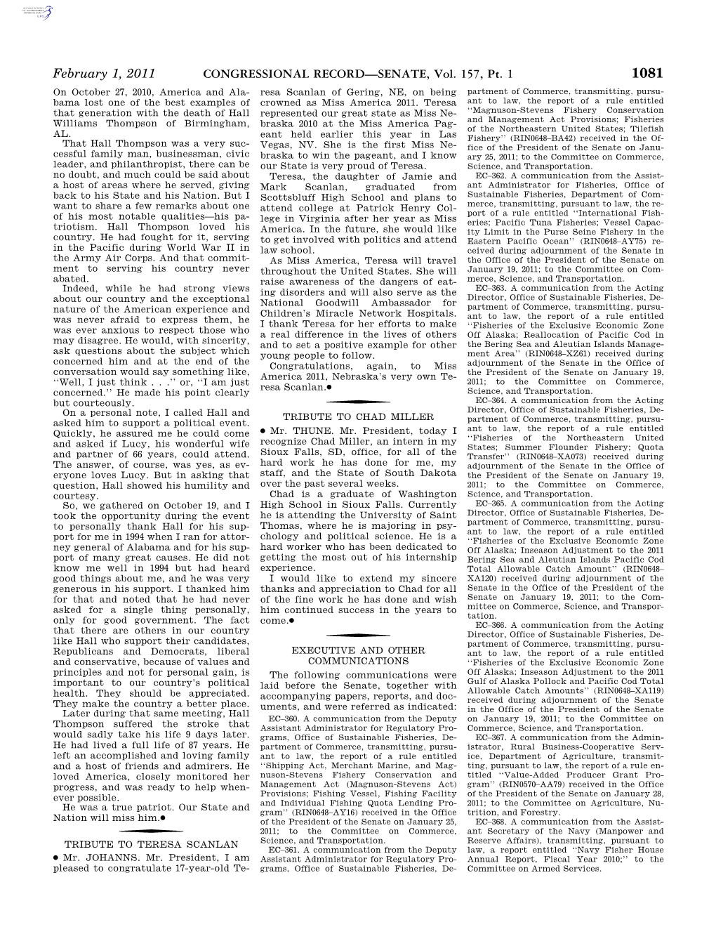 CONGRESSIONAL RECORD—SENATE, Vol. 157, Pt. 1 February