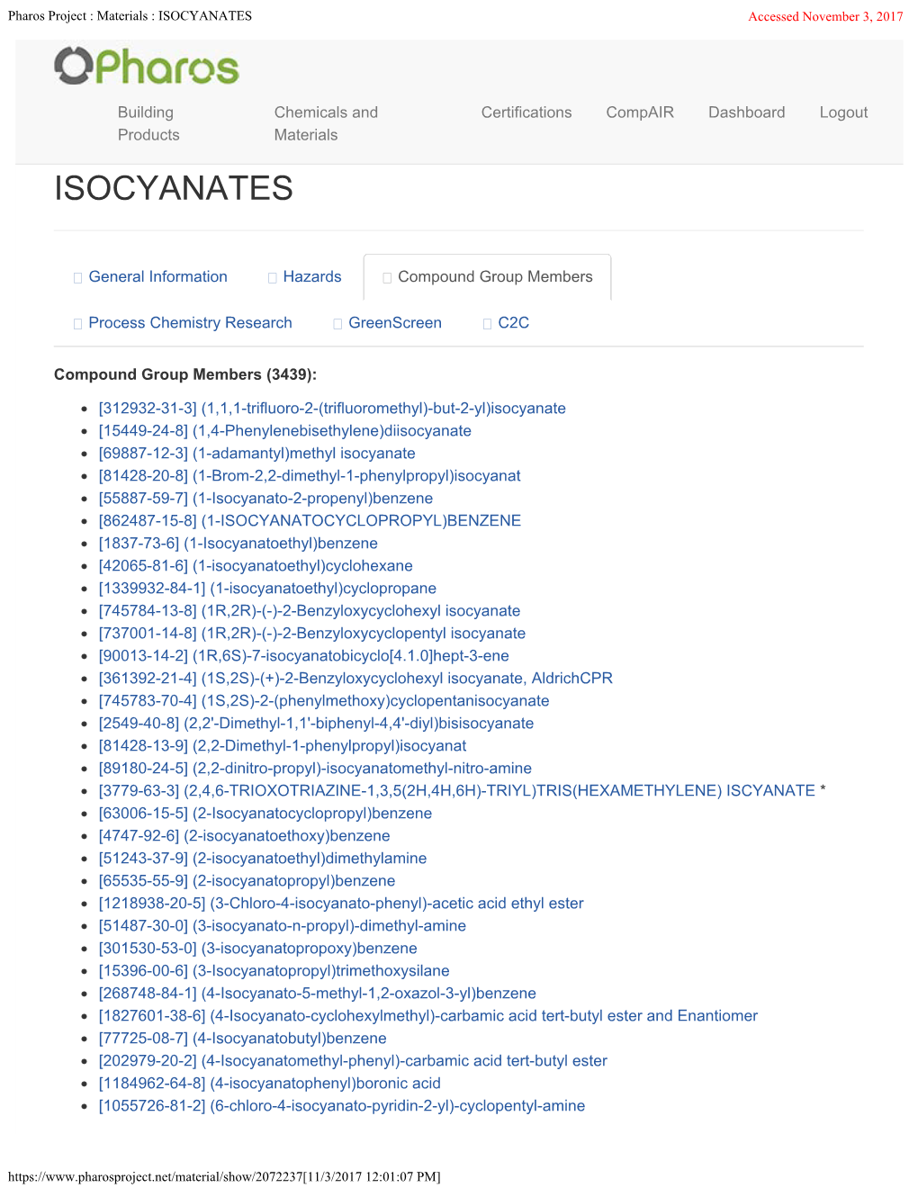 Pharos Project : Materials : ISOCYANATES Accessed November 3, 2017