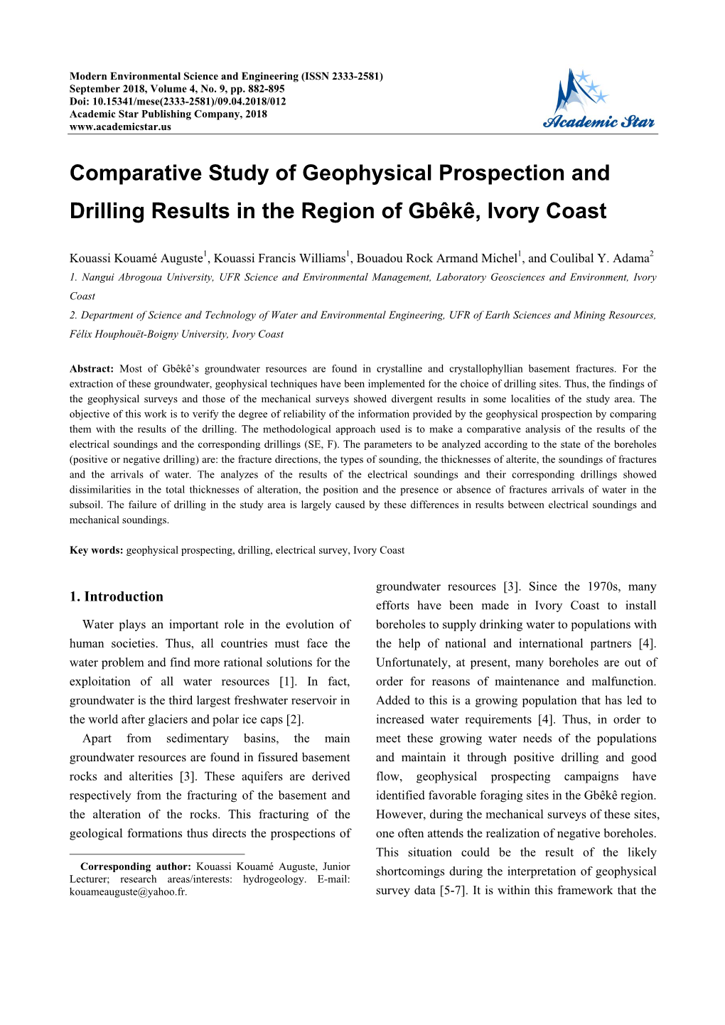 Comparative Study of Geophysical Prospection and Drilling Results in the Region of Gbêkê, Ivory Coast