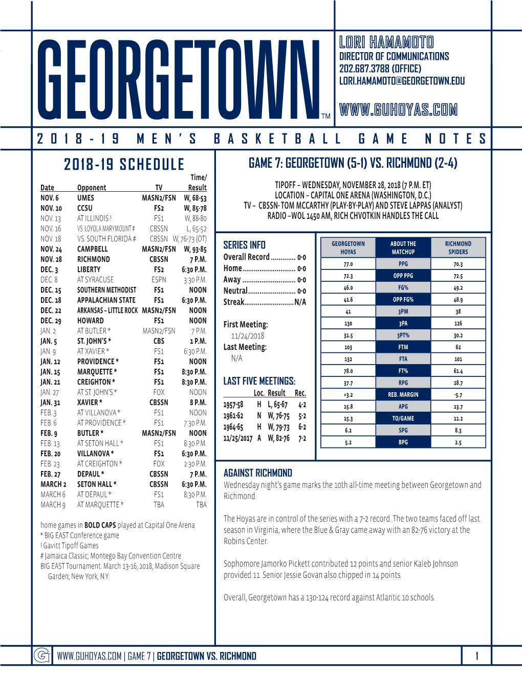 2018-19 Schedule Game 7: Georgetown (5-1) Vs