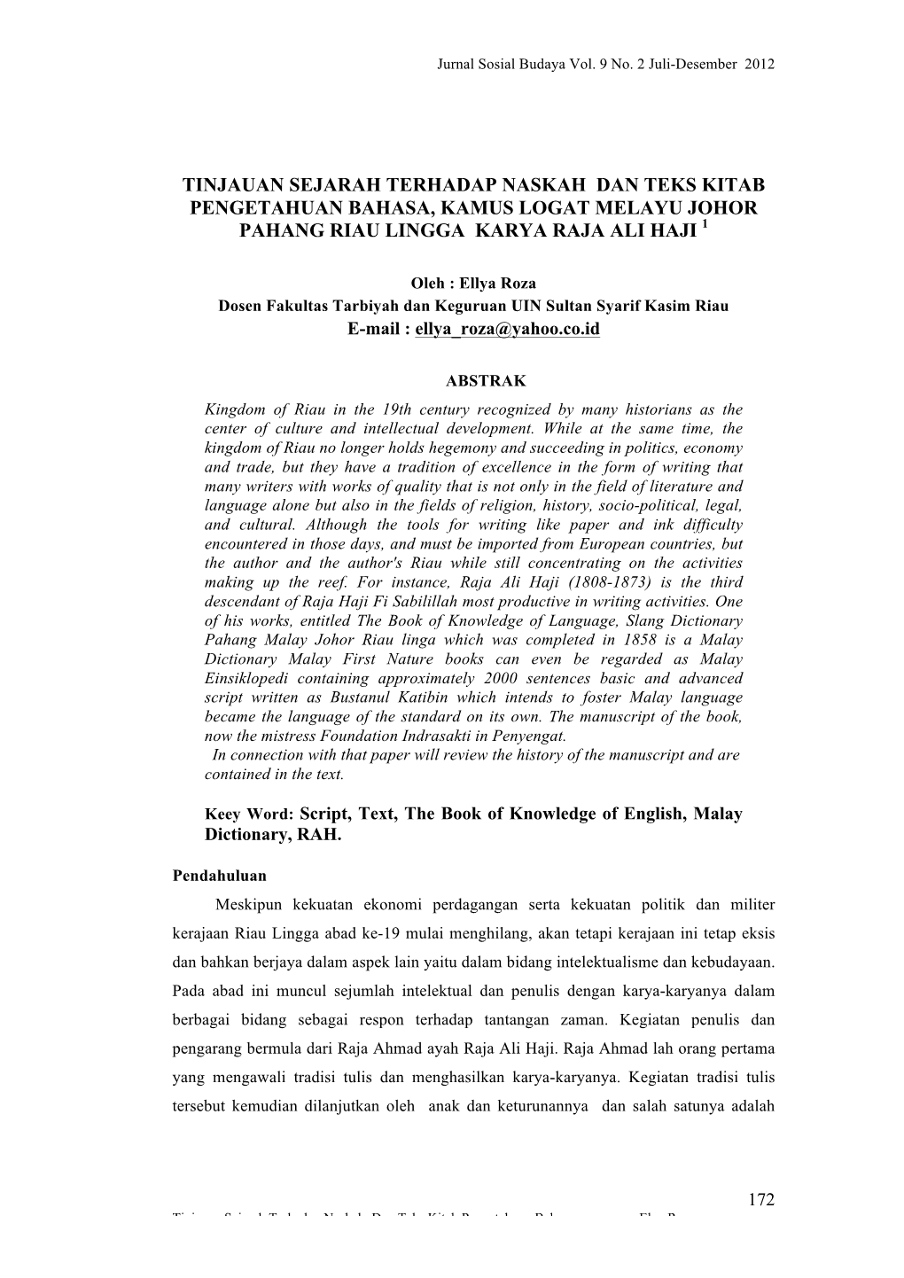 Tinjauan Sejarah Terhadap Naskah Dan Teks Kitab Pengetahuan Bahasa, Kamus Logat Melayu Johor Pahang Riau Lingga Karya Raja Ali Haji 1