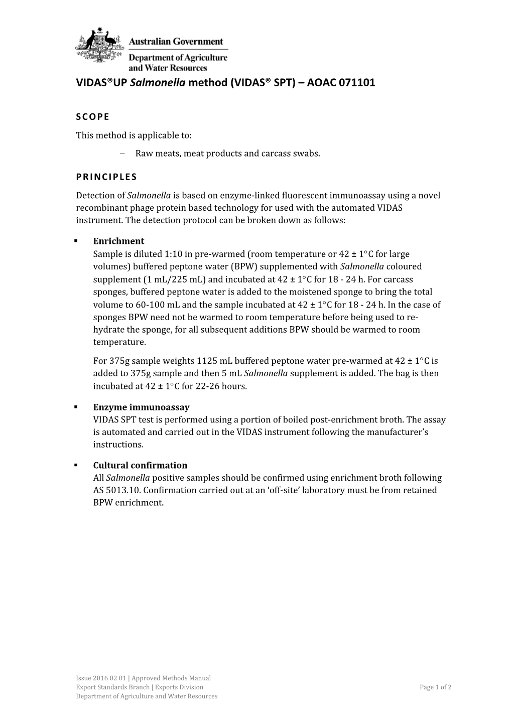 VIDAS up Salmonella Method (VIDAS SPT) AOAC 071101