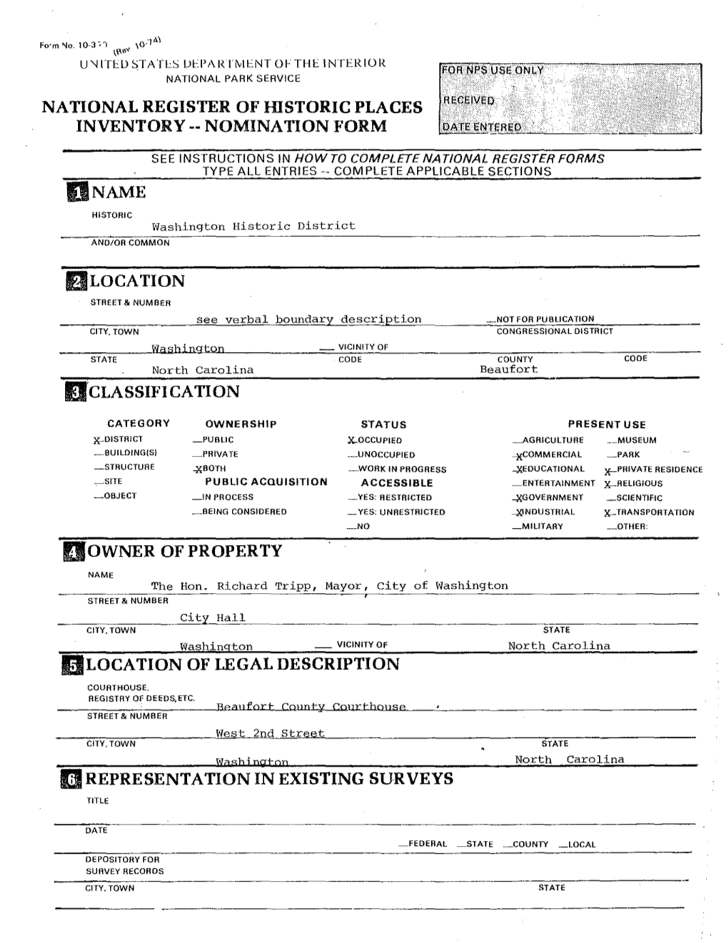 NATIONAL REGISTER of HISTORIC PLACES INVENTORY-- NOMINATION FORM 0NAME Dclassification [I OWNER of PROPERTY IJLOCATION of LEGAL