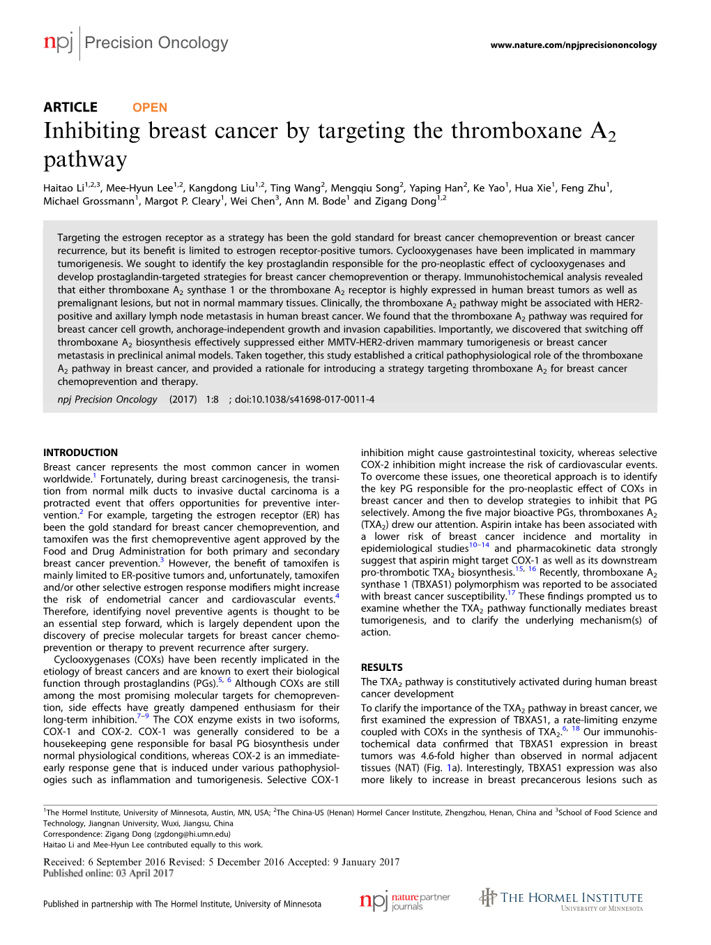 Inhibiting Breast Cancer by Targeting the Thromboxane A2 Pathway