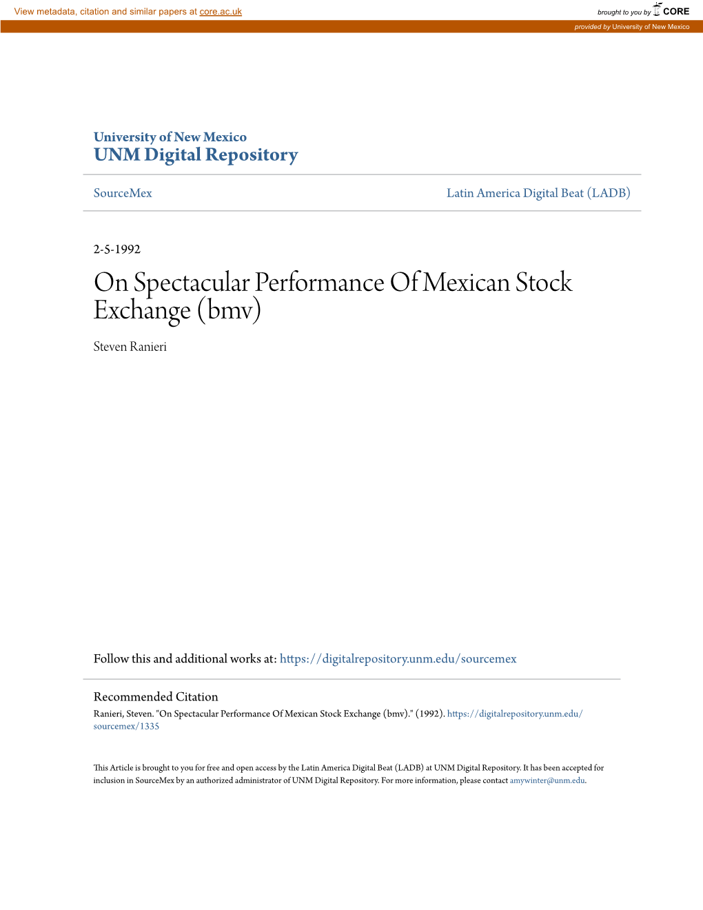 On Spectacular Performance of Mexican Stock Exchange (Bmv) Steven Ranieri