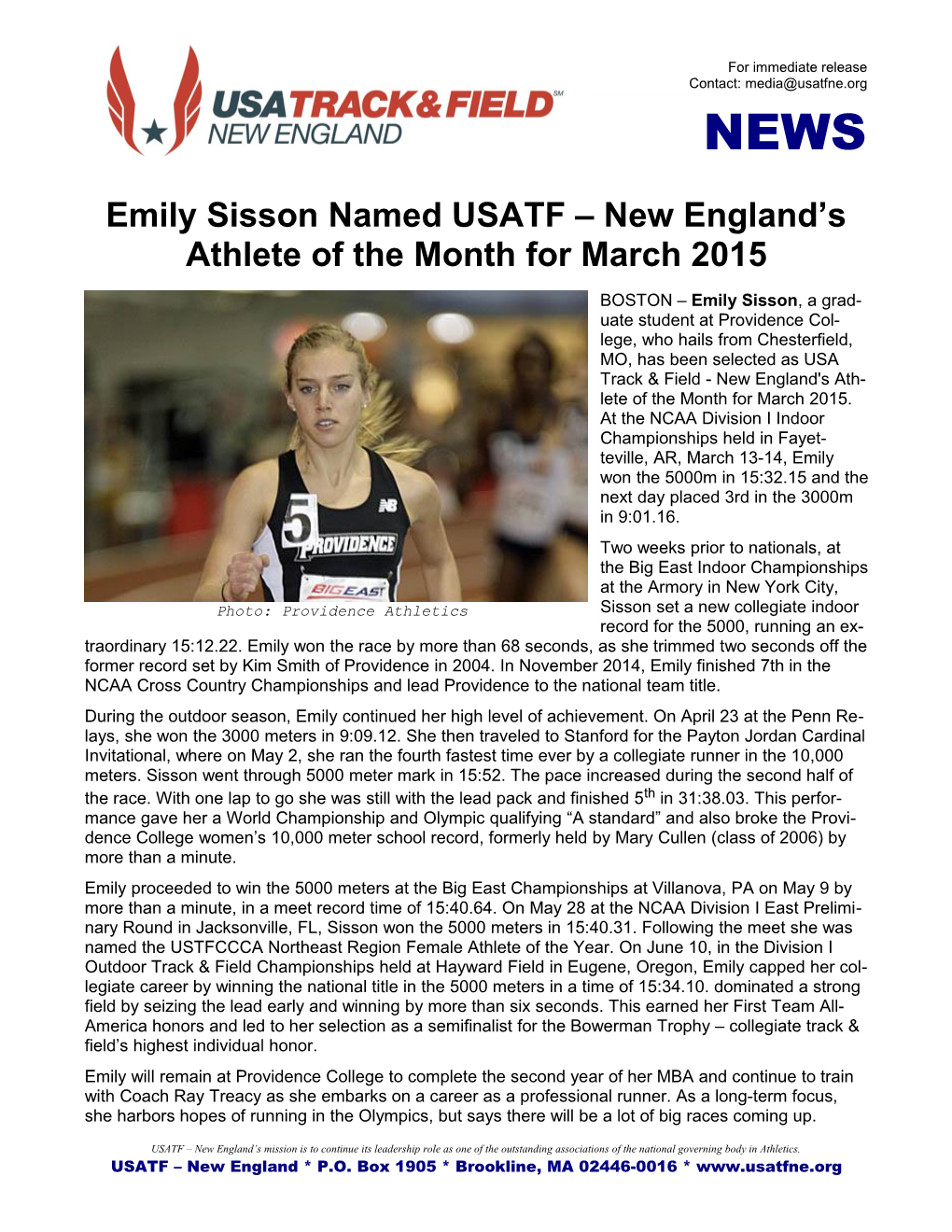 Emily Sisson Named USATF – New England's Athlete of the Month For