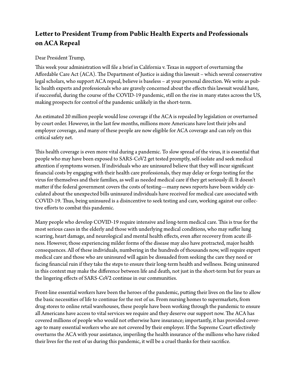 Letter to President Trump from Public Health Experts and Professionals on ACA Repeal