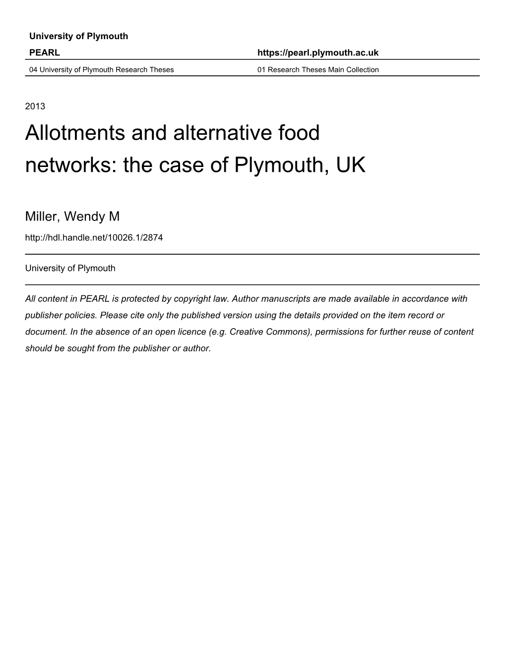 Allotments and Alternative Food Networks: the Case of Plymouth, UK