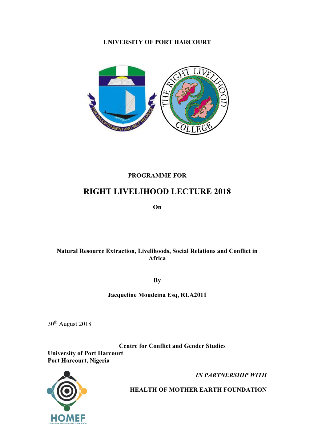 Right Livelihood Lecture 2018