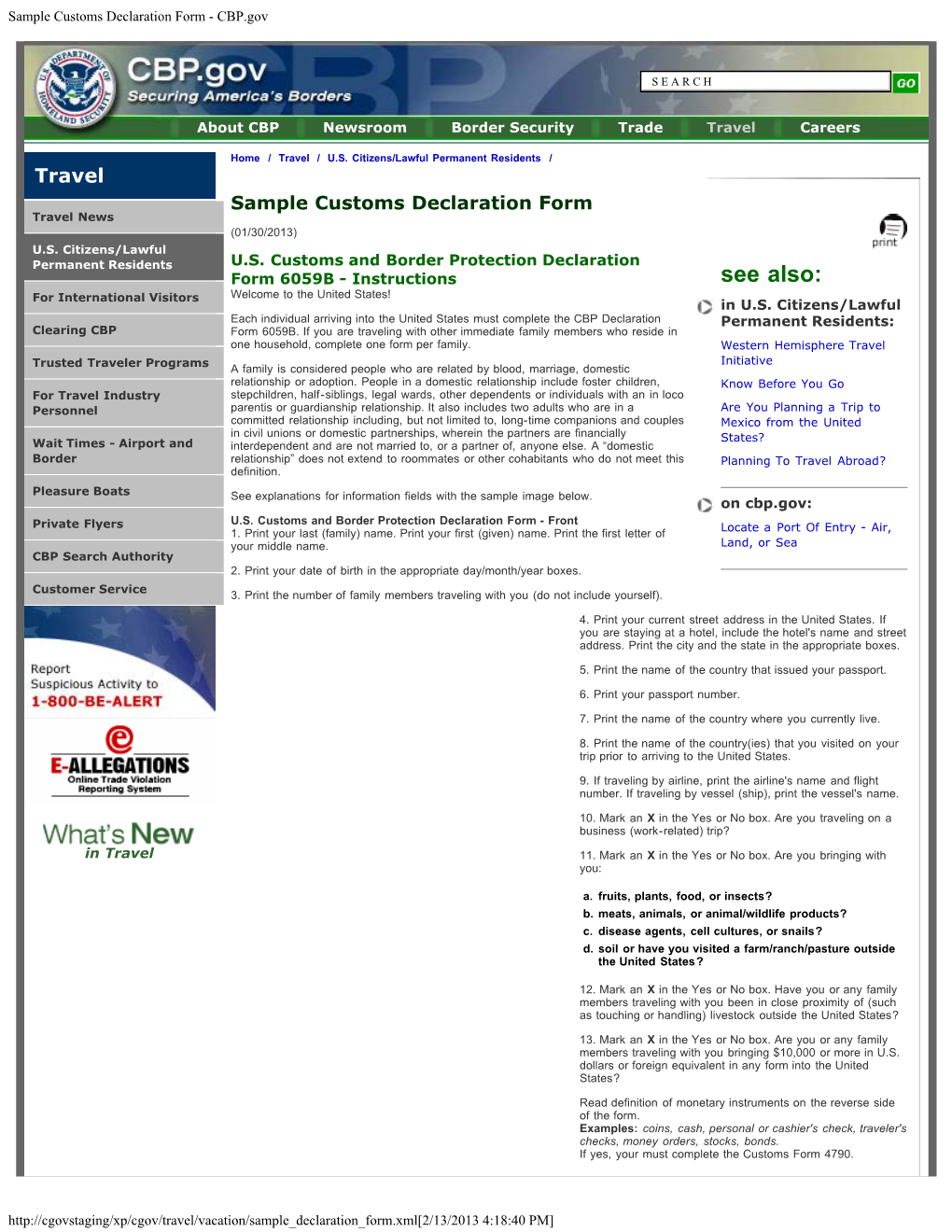 Sample Customs Declaration Form - CBP.Gov