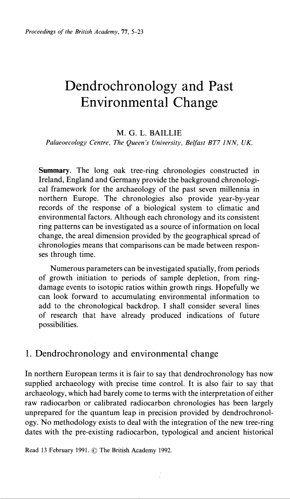 Dendrochronology and Past Environmental Change