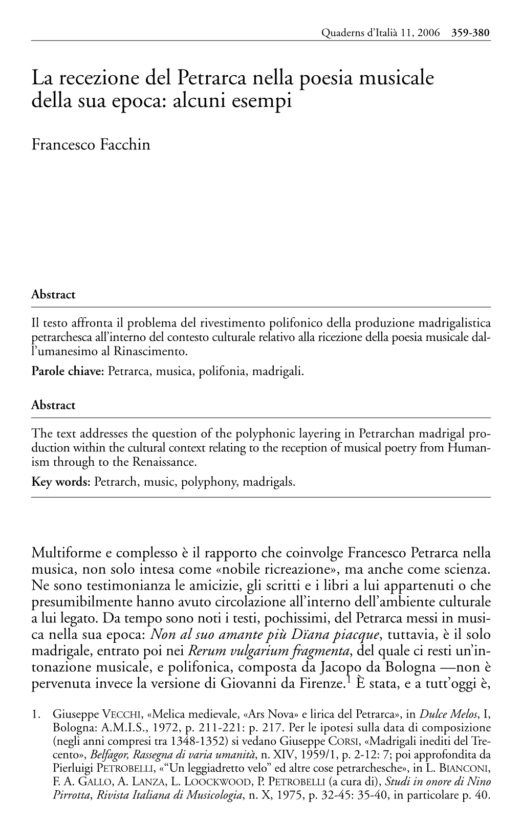 La Recezione Del Petrarca Nella Poesia Musicale Della Sua Epoca: Alcuni Esempi