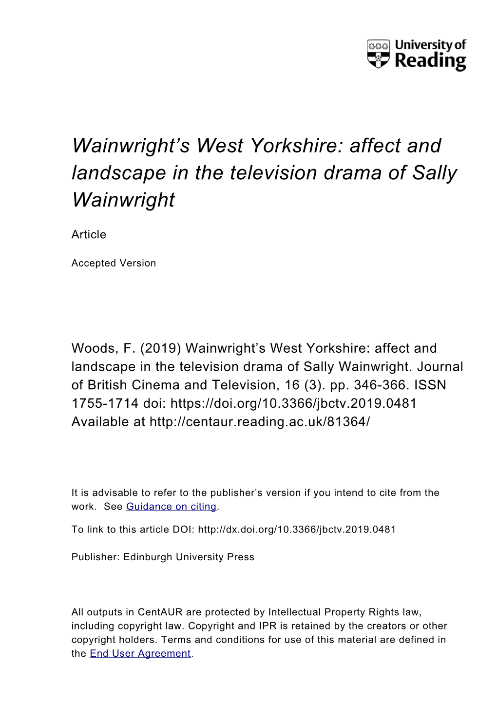 Affect and Landscape in the Television Drama of Sally Wainwright