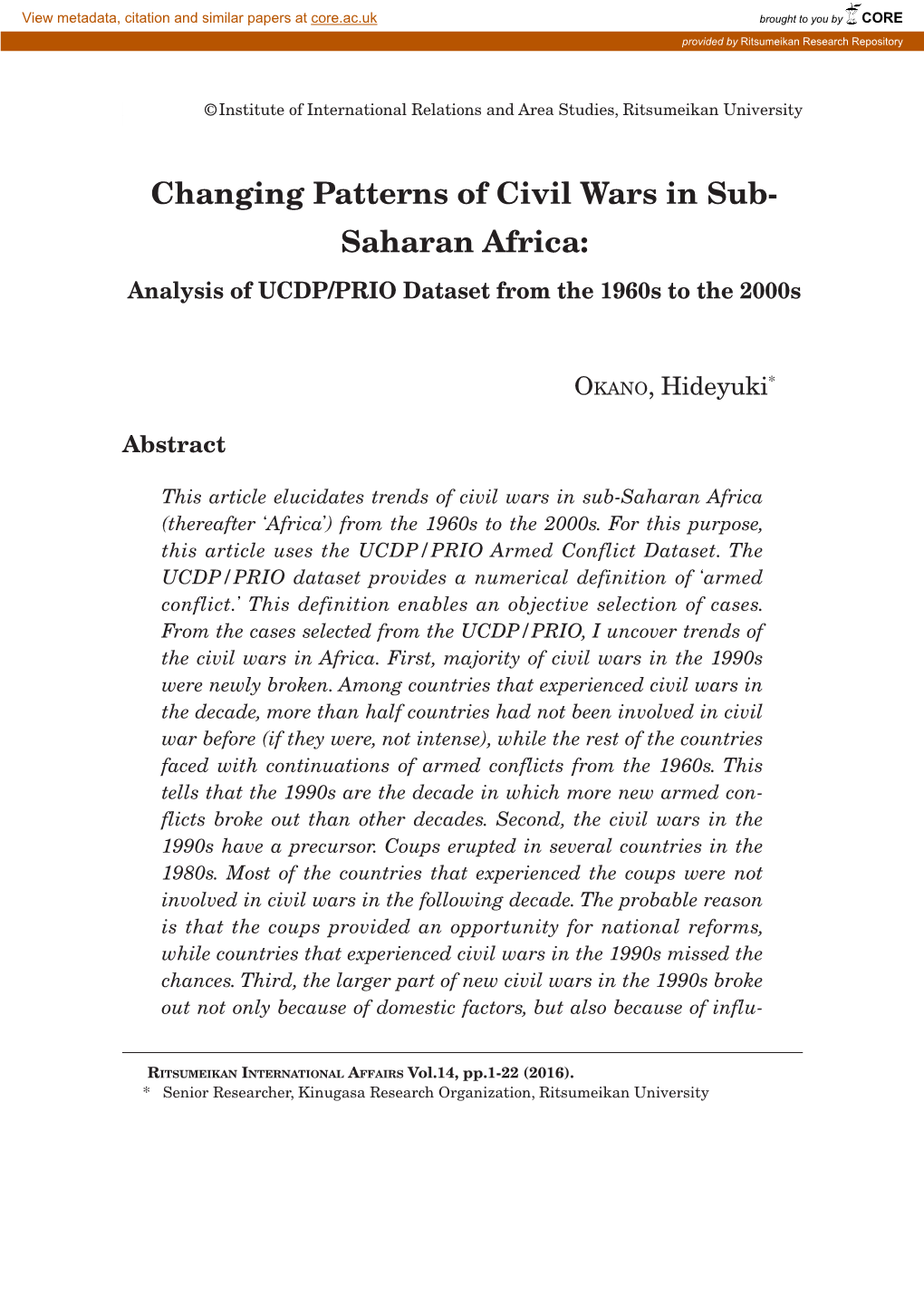 Saharan Africa: Analysis of UCDP/PRIO Dataset from the 1960S to the 2000S