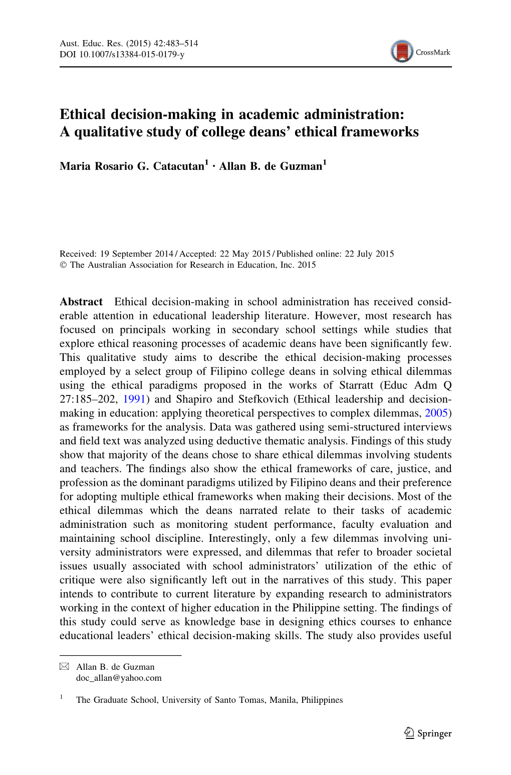 Ethical Decision-Making in Academic Administration: a Qualitative Study of College Deans’ Ethical Frameworks