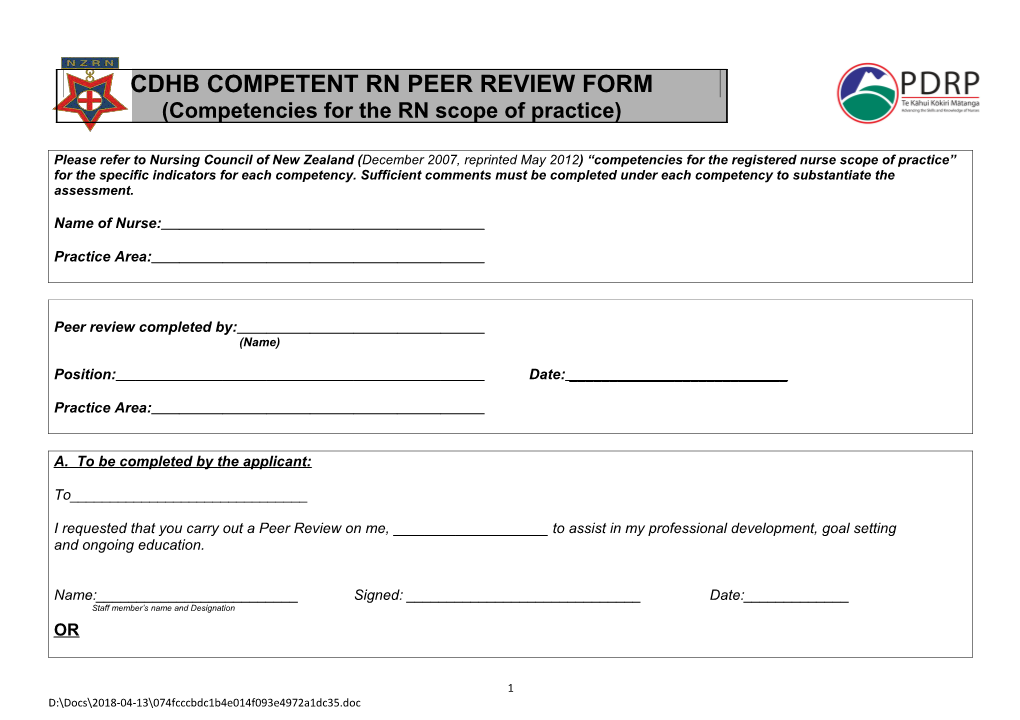 Cdhb Competent Rn Peer Review Form