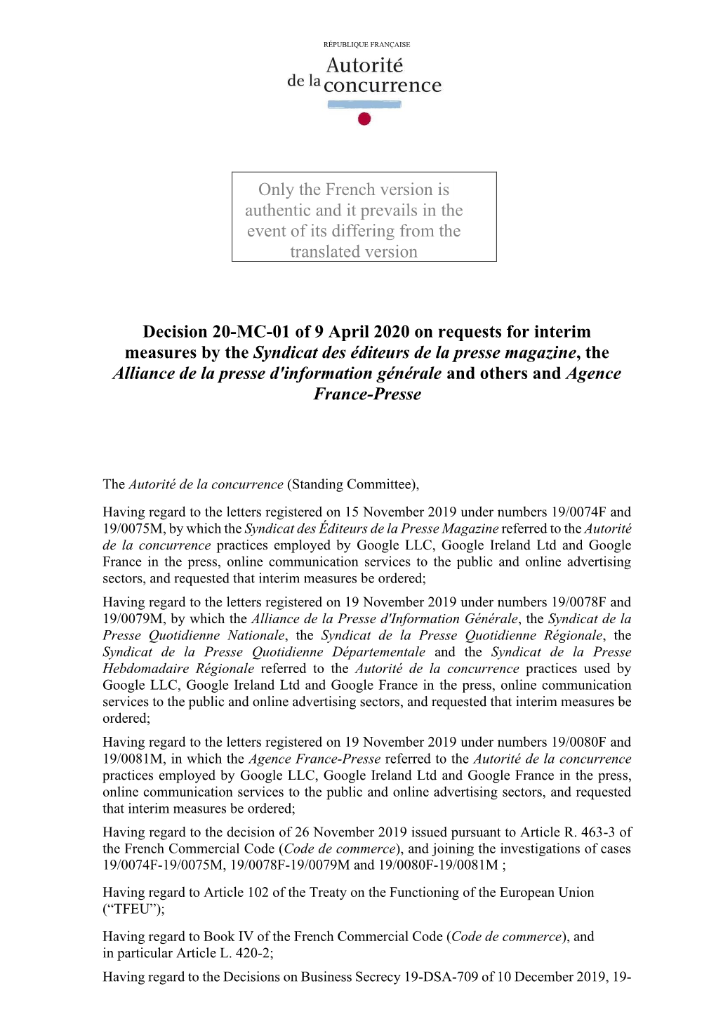 Decision 20-MC-01 of 9 April 2020 on Requests for Interim