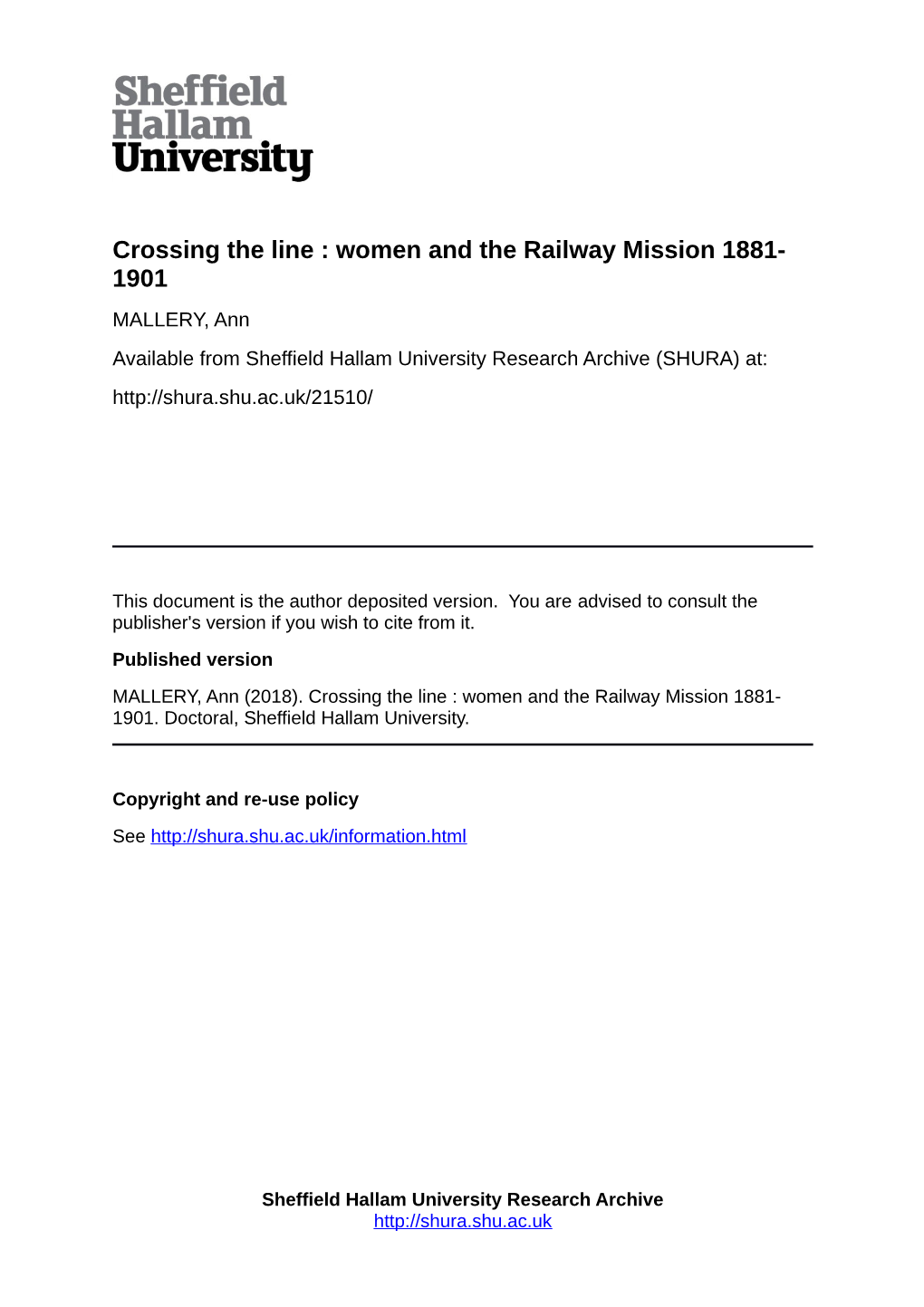 Women and the Railway Mission 1881- 1901 MALLERY, Ann Available from Sheffield Hallam University Research Archive (SHURA) At