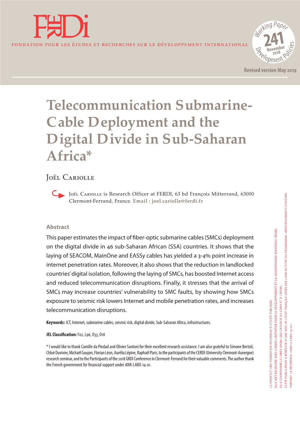 Telecommunication Submarine- Cable Deployment and the Digital Divide in Sub-Saharan Africa*