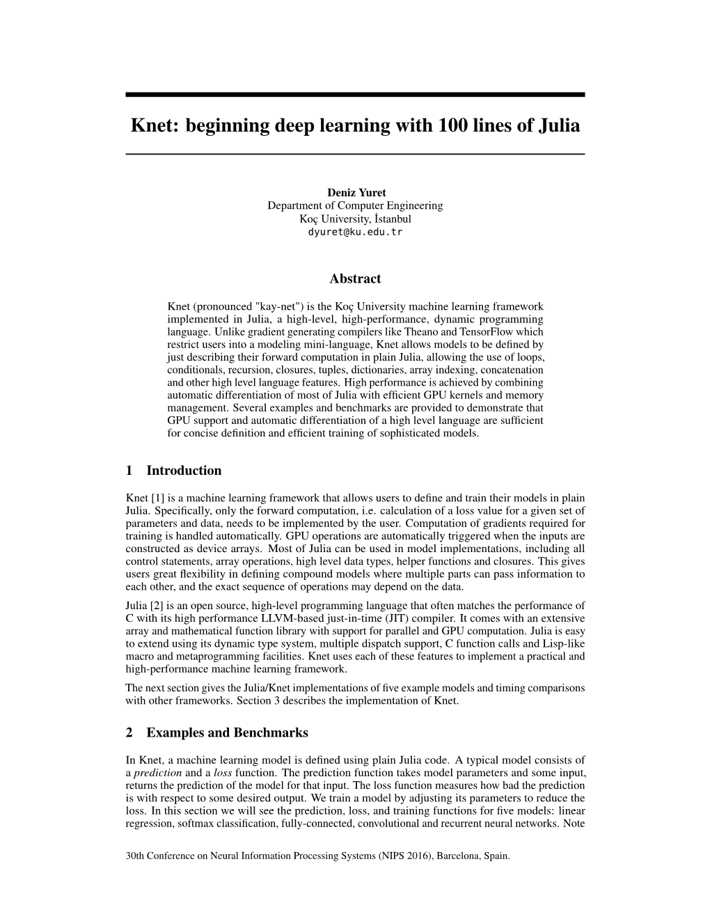 Knet: Beginning Deep Learning with 100 Lines of Julia