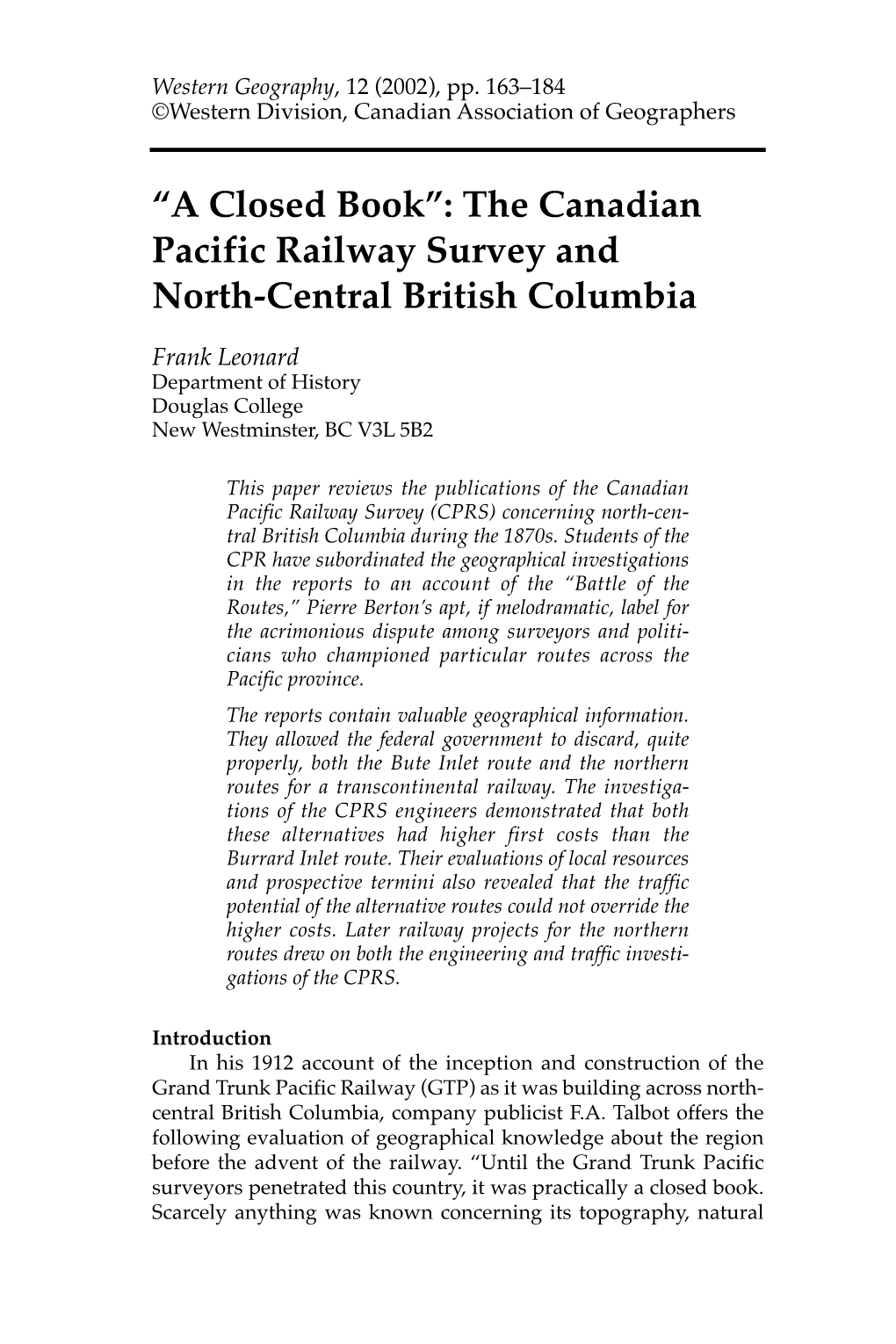 "A Closed Book": the Canadian Pacific Railway Survey and North-Central British Columbia