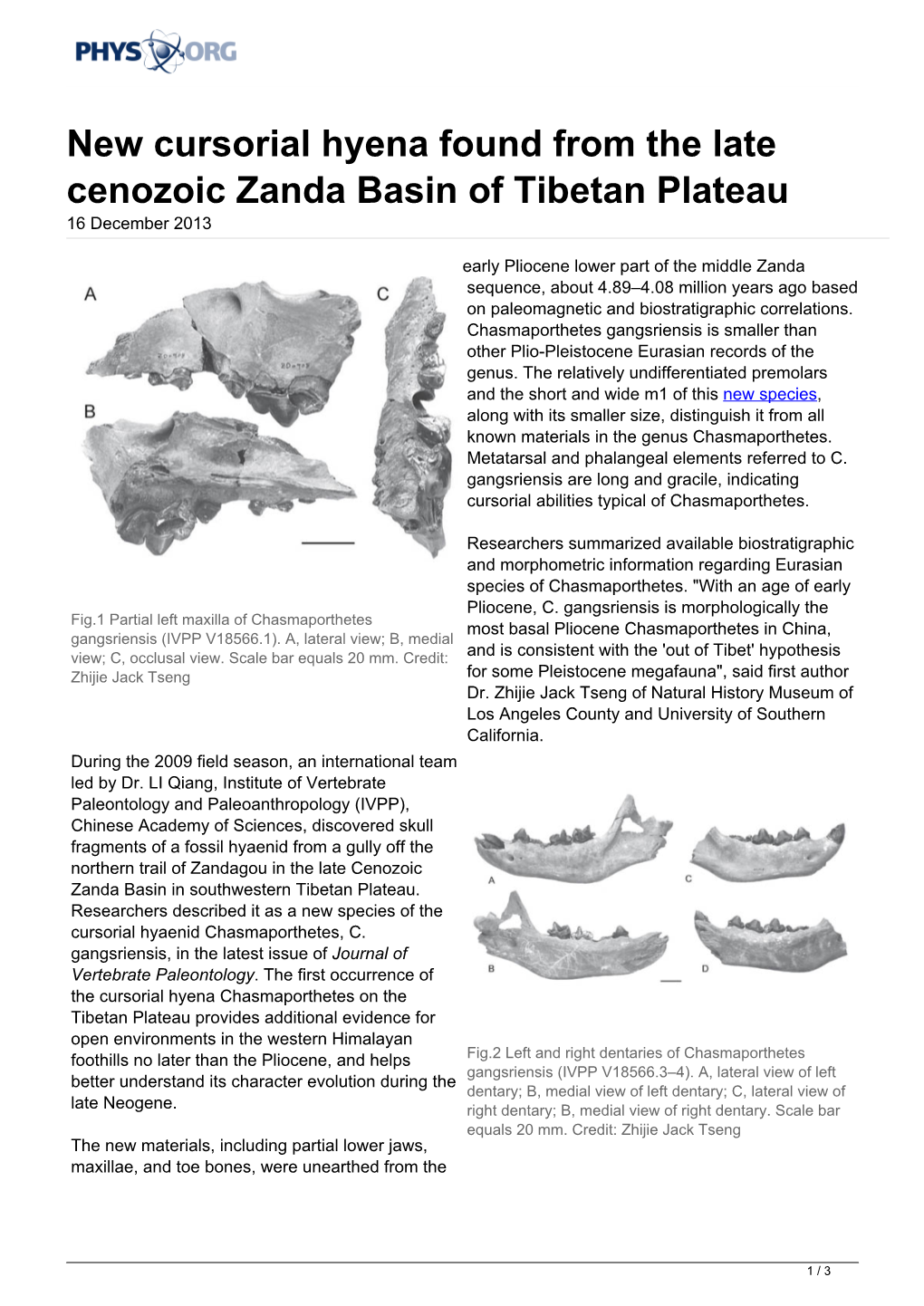 New Cursorial Hyena Found from the Late Cenozoic Zanda Basin of Tibetan Plateau 16 December 2013