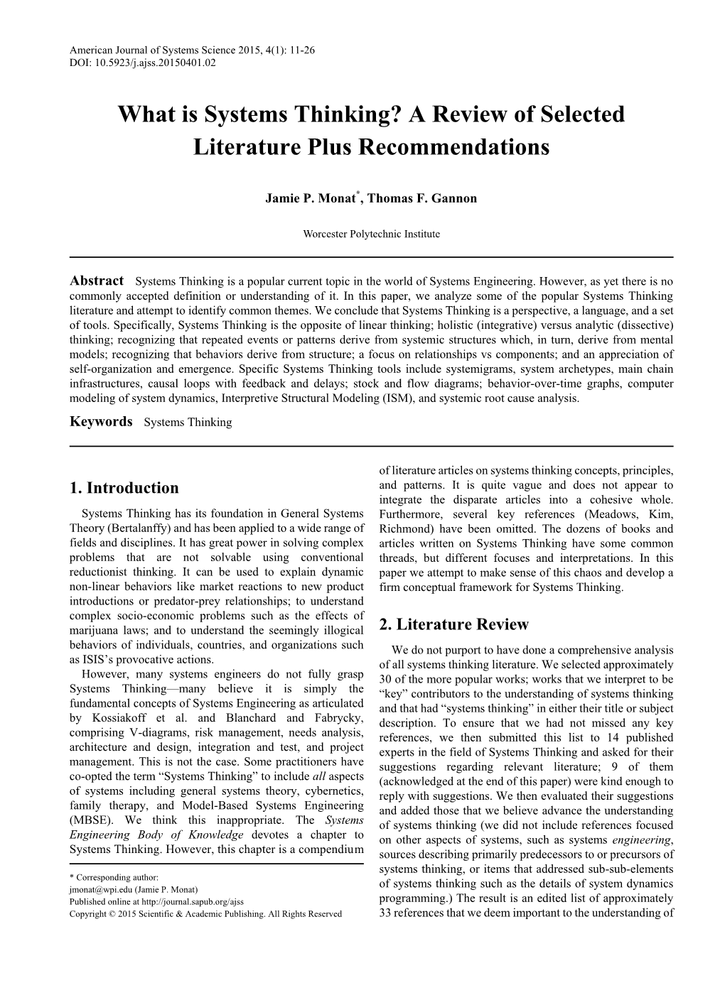 Systems Thinking? a Review of Selected Literature Plus Recommendations