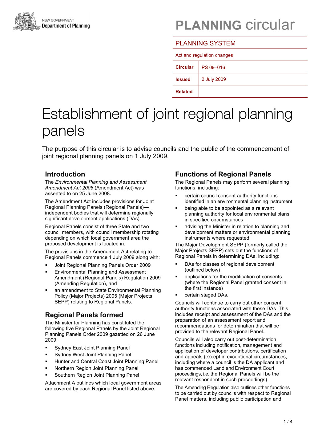 Establishment of Joint Regional Planning Panels