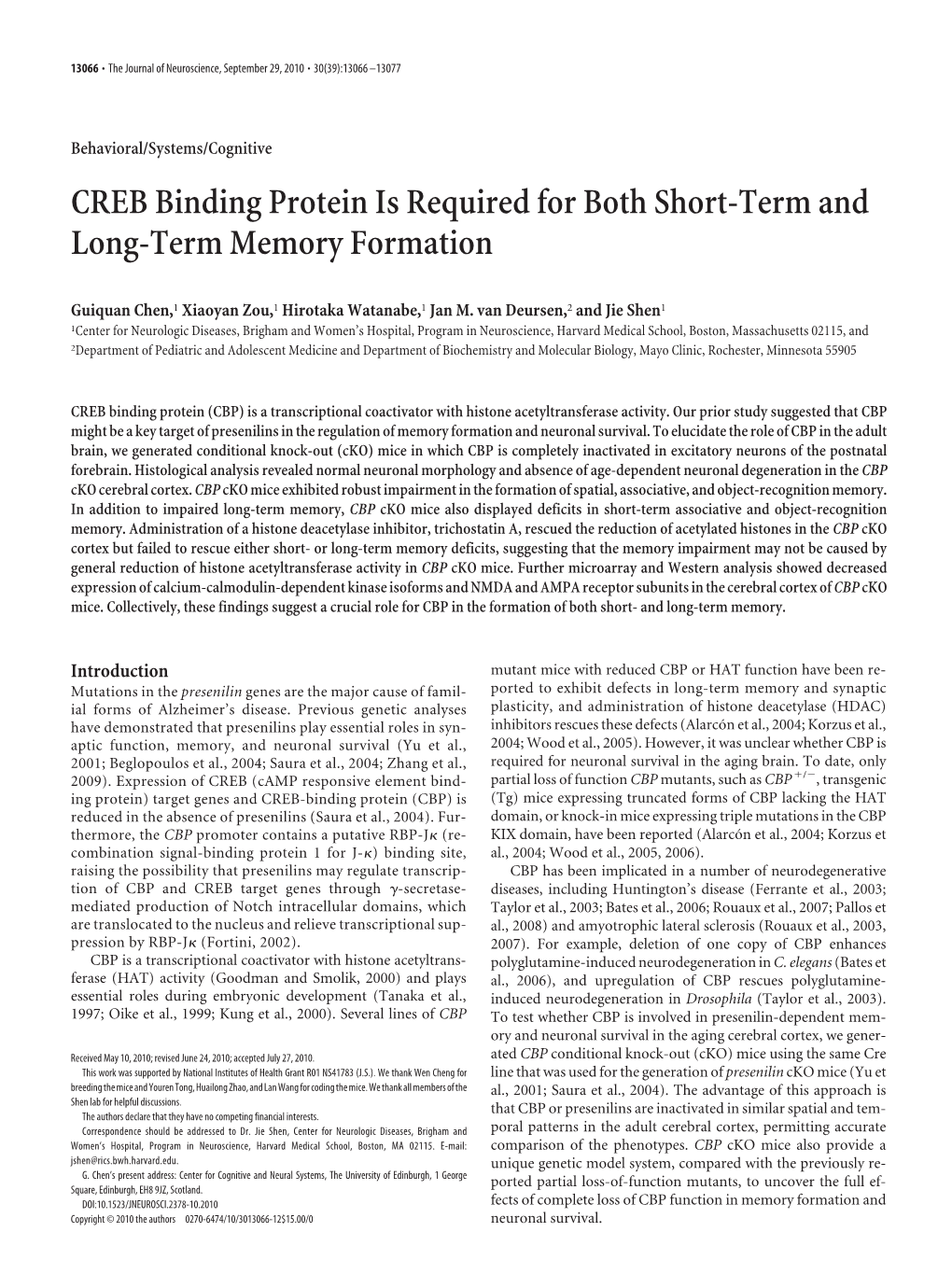CREB Binding Protein Is Required for Both Short-Term and Long-Term Memory Formation