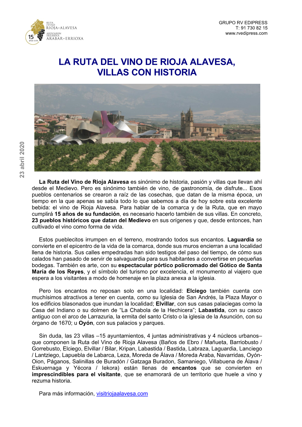 La Ruta Del Vino De Rioja Alavesa, Villas Con Historia