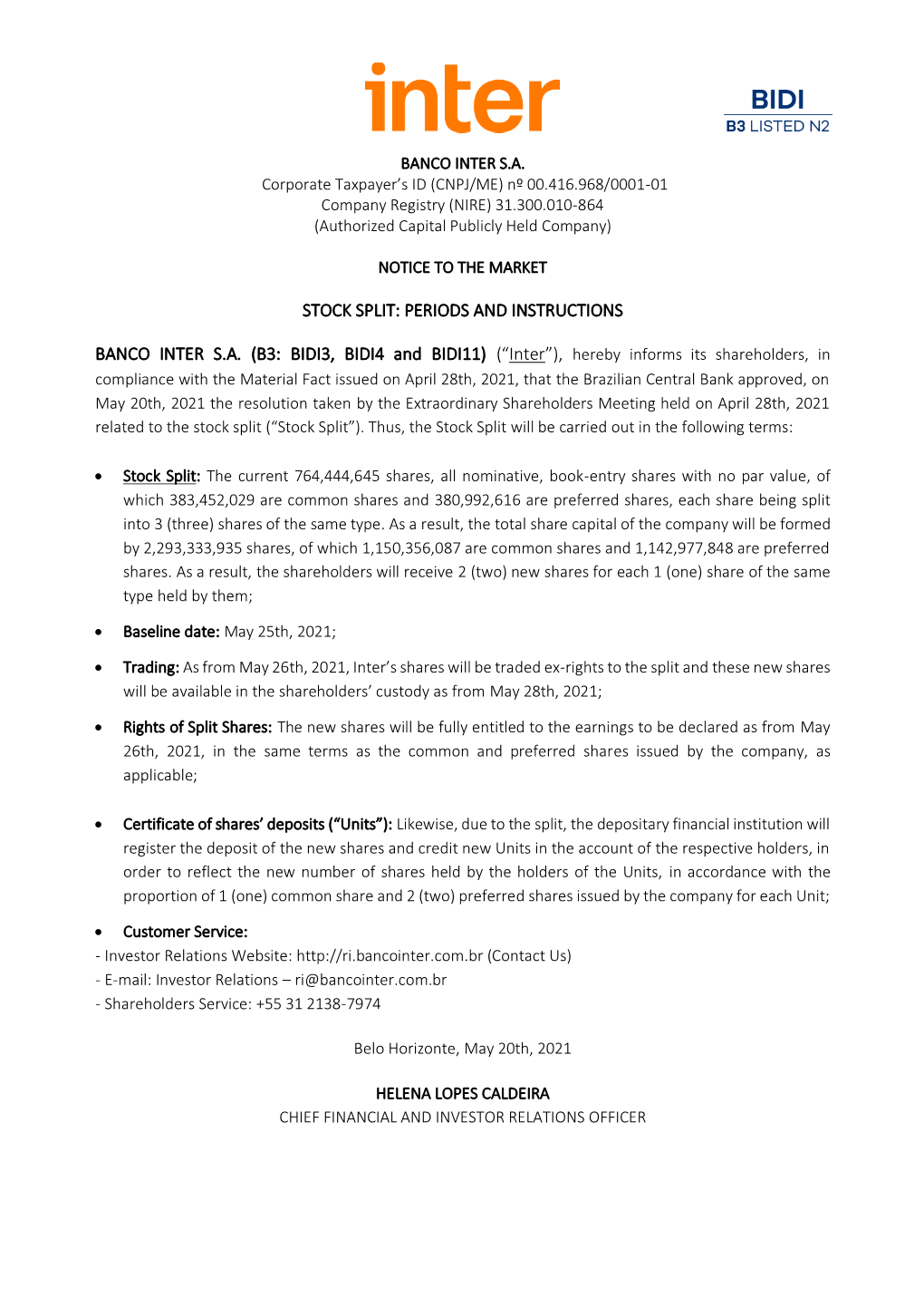 Stock Split: Periods and Instructions Banco Inter Sa