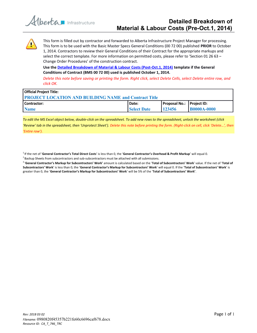 Detailed Breakdown Material Labour Costs Word Pre-Oct.1, 2014 01 26 63-06