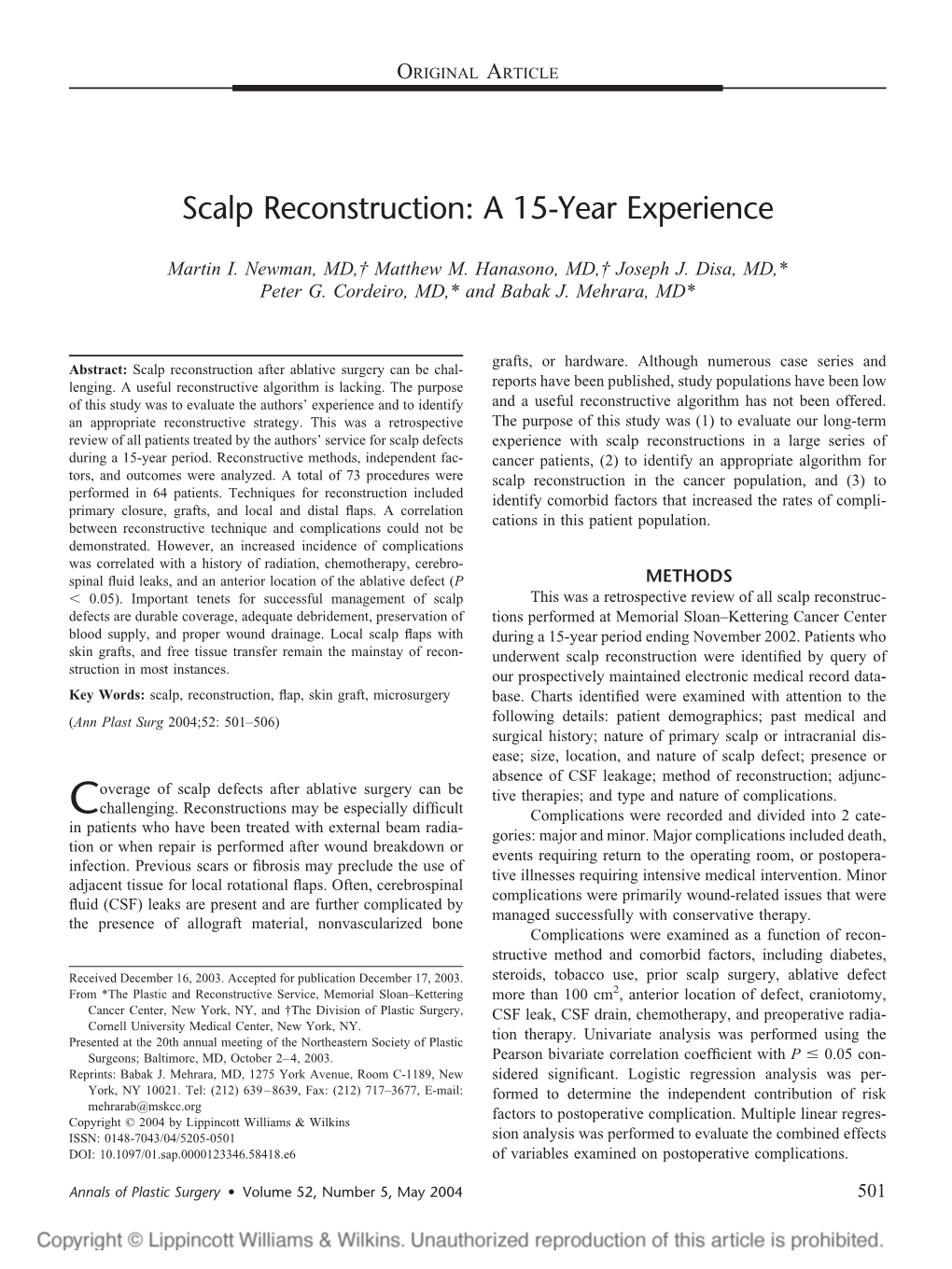 Scalp Reconstruction: a 15-Year Experience