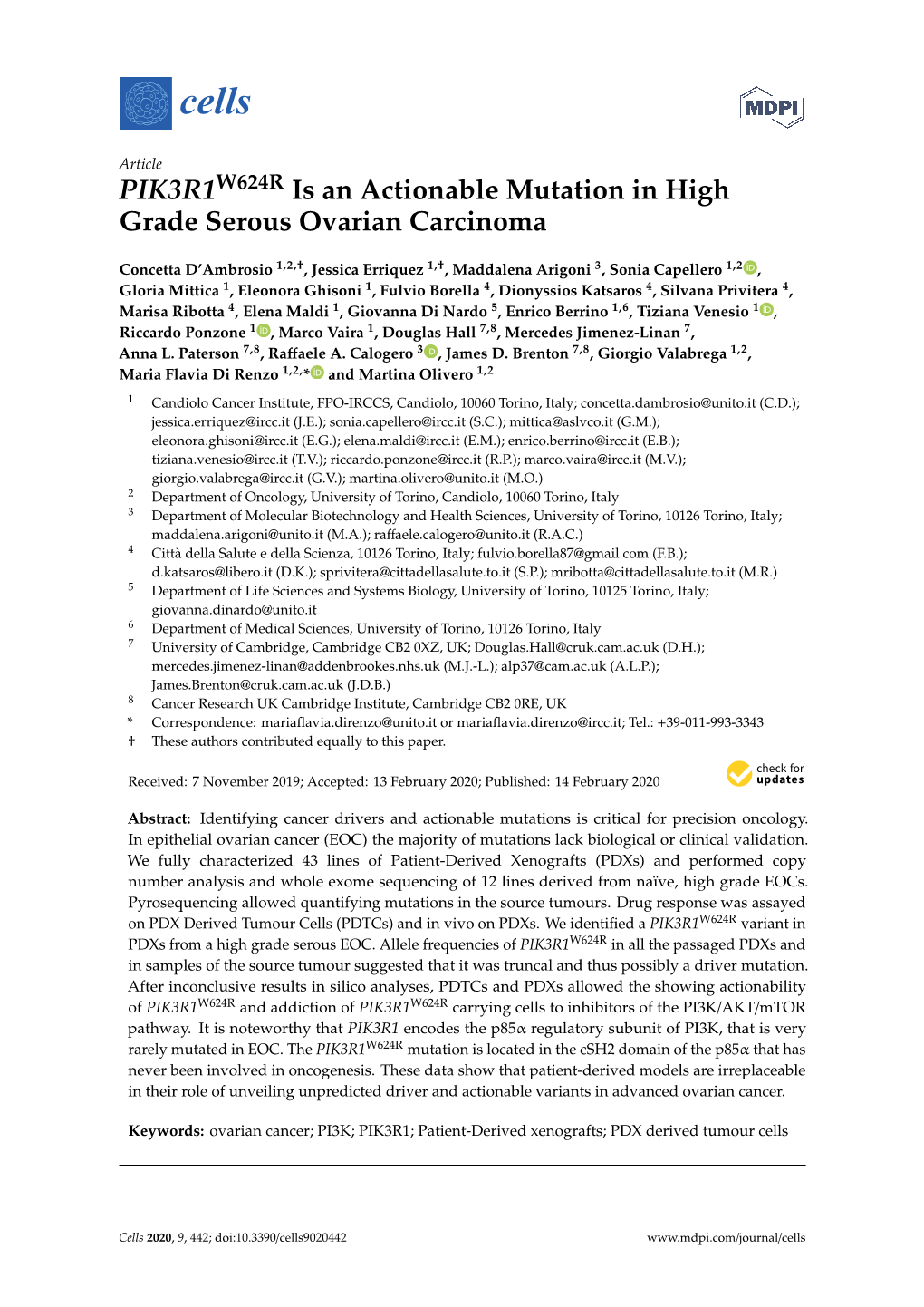 PIK3R1W624R Is an Actionable Mutation in High Grade Serous Ovarian Carcinoma