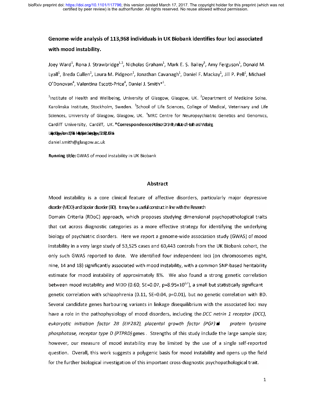 Genome-Wide Analysis of 113,968 Individuals in UK Biobank Identifies Four Loci Associated with Mood Instability